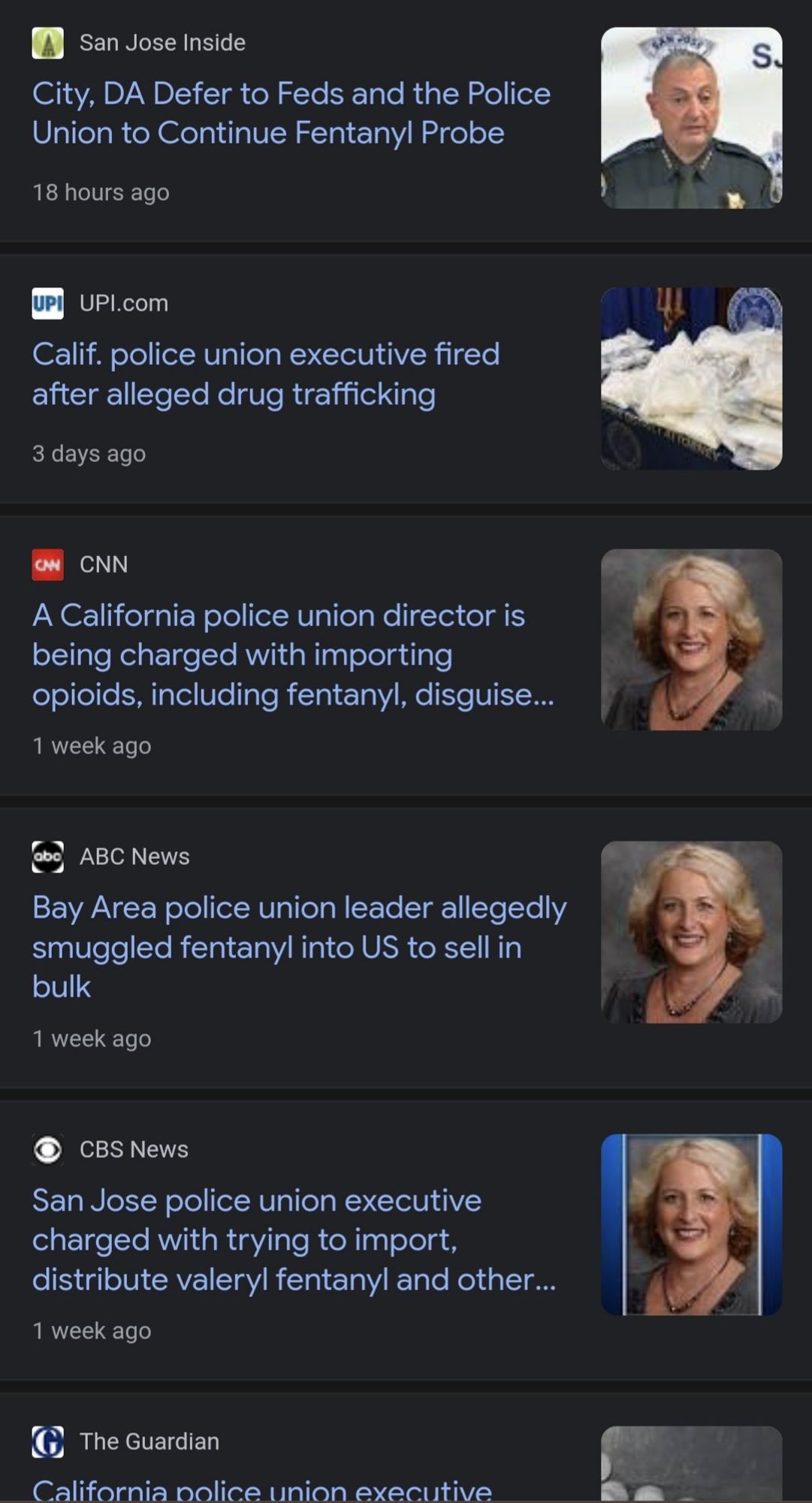 Screenshot of Google search results showing a bay area CA police union leader busted for importing fentanyl