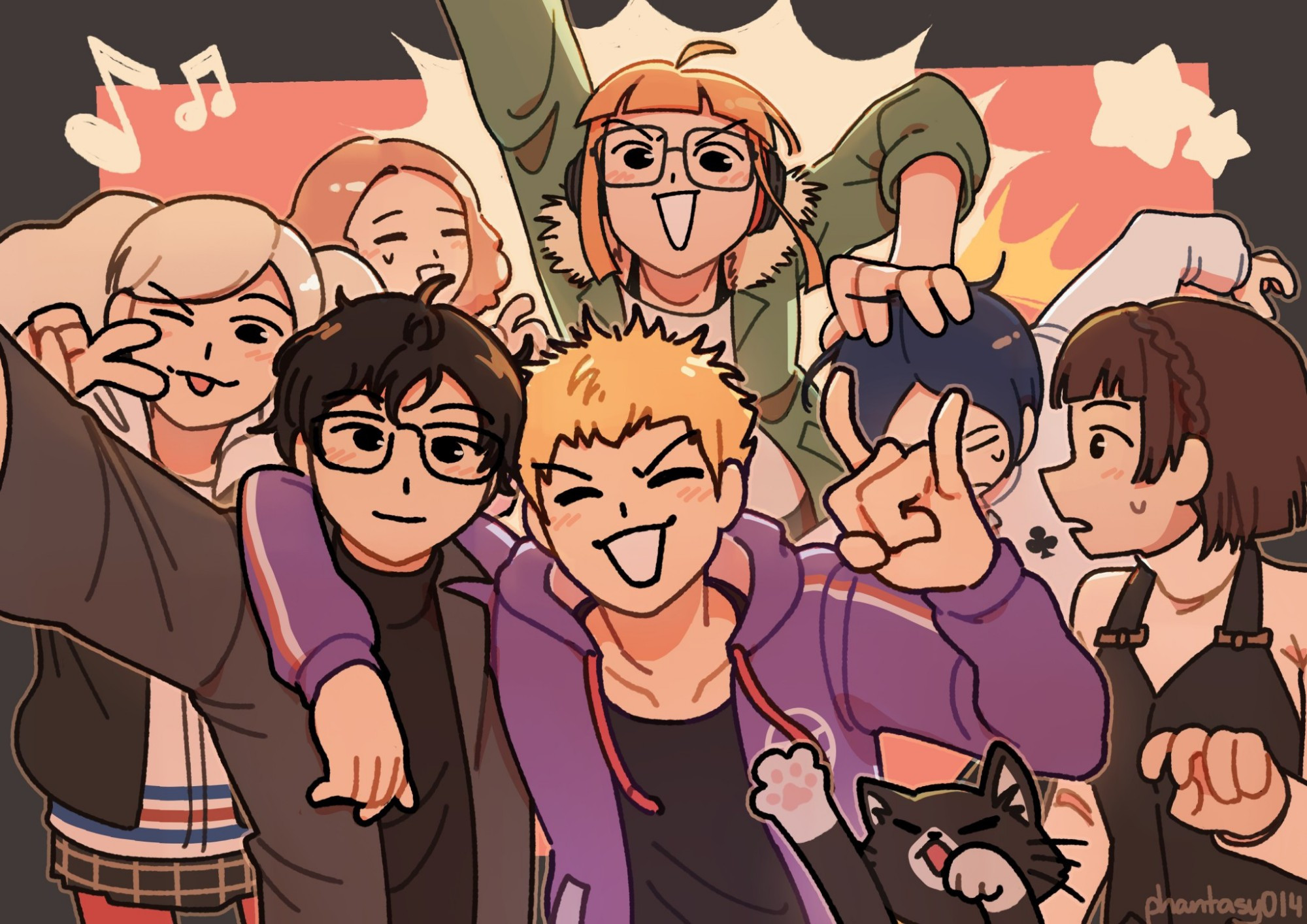 Fanart of the phantom thieves from persona 5 taking a group photo