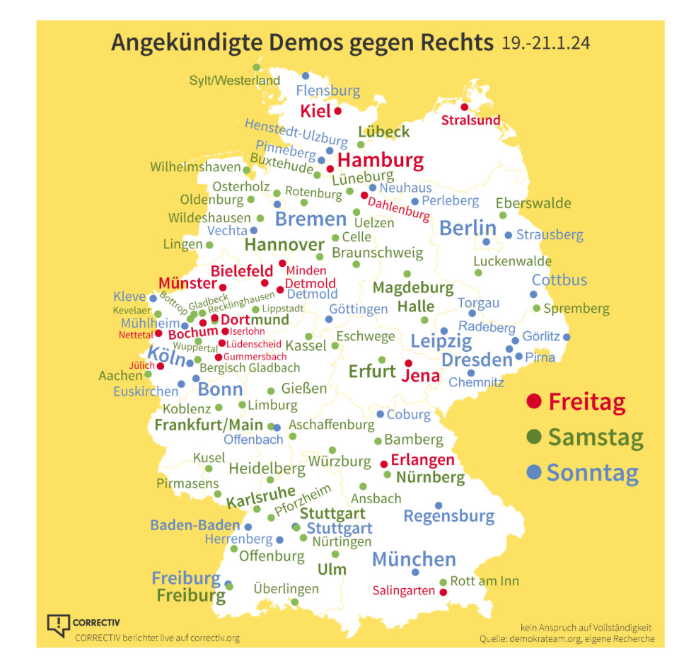 Deutschlandkarte mit Städtenamen und farblicher Unterscheidung, je nachdem ob die Demos gegen Rechts Freitag, Samstag oder Sonntag stattfinden.