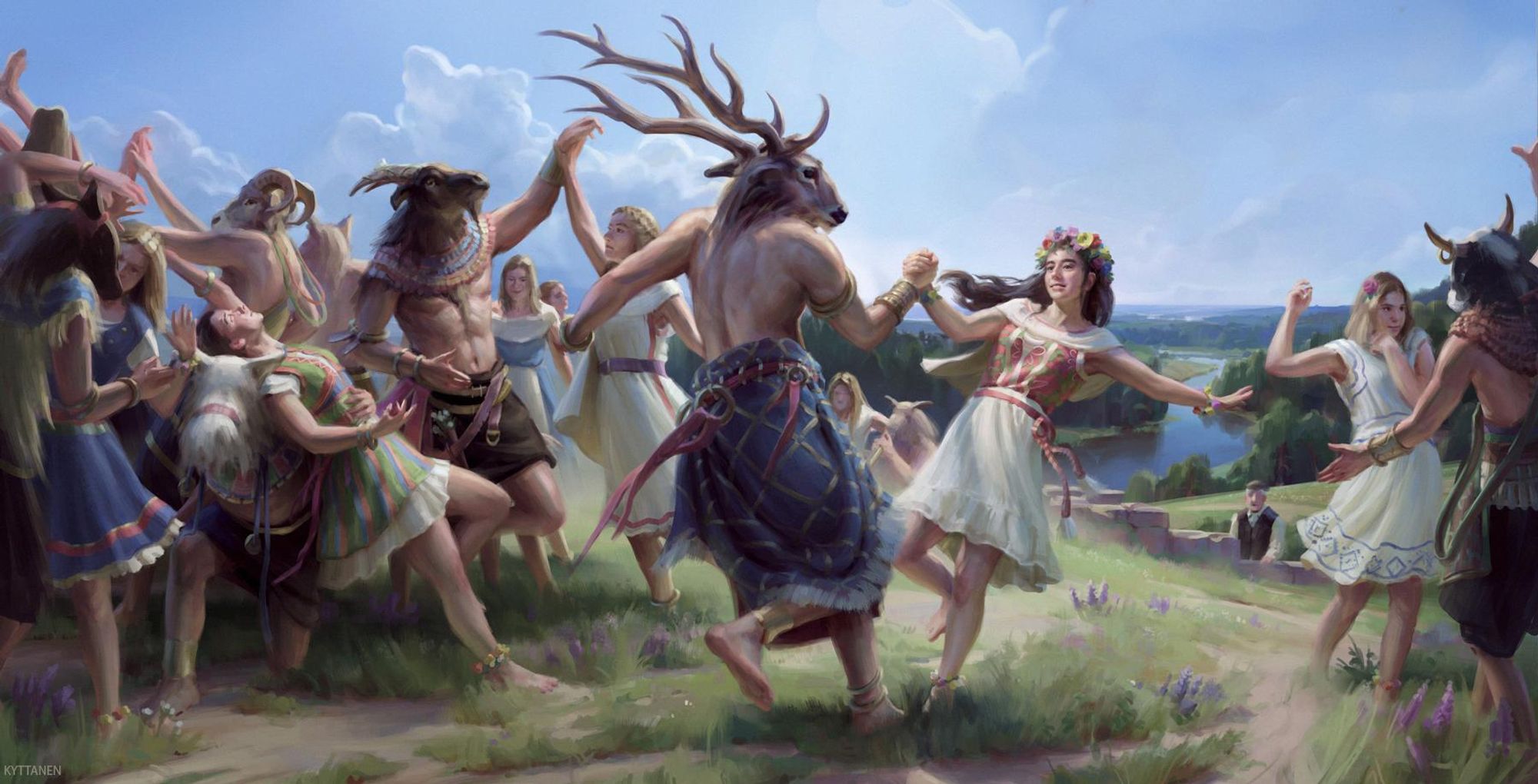 Painting of a folk dance outside, but the men all have animal heads, including a stag, goat, ram, bull, etc