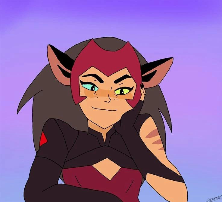 Catra, a smug catgirl, leaning on her elbow. She’s wearing red and black and has heterochromia with a blue and green eye.