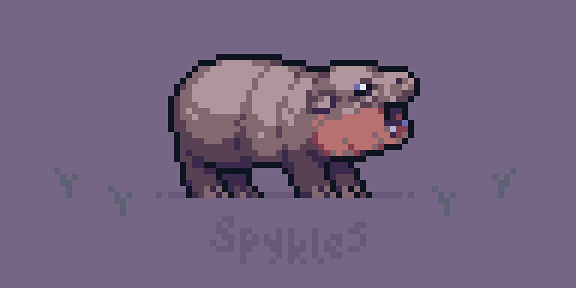 Pixel art depicting famed Pygmy Hippo 'Moo Deng' opening her mouth in a biting motion.