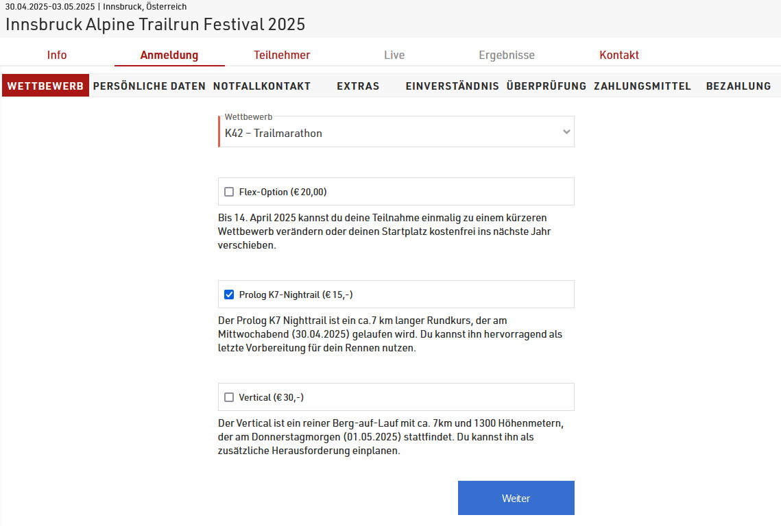 Anmeldemaske für das Innsbruck Alpine Trailrun Festival 2025, ausgewählt ist der K42 Trailmarathon sowie der K7-Nighttrail Prolog