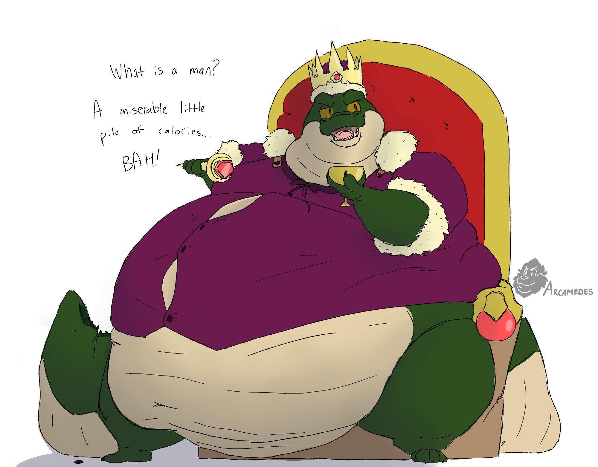 A big obese alligator king sitting on a throne.