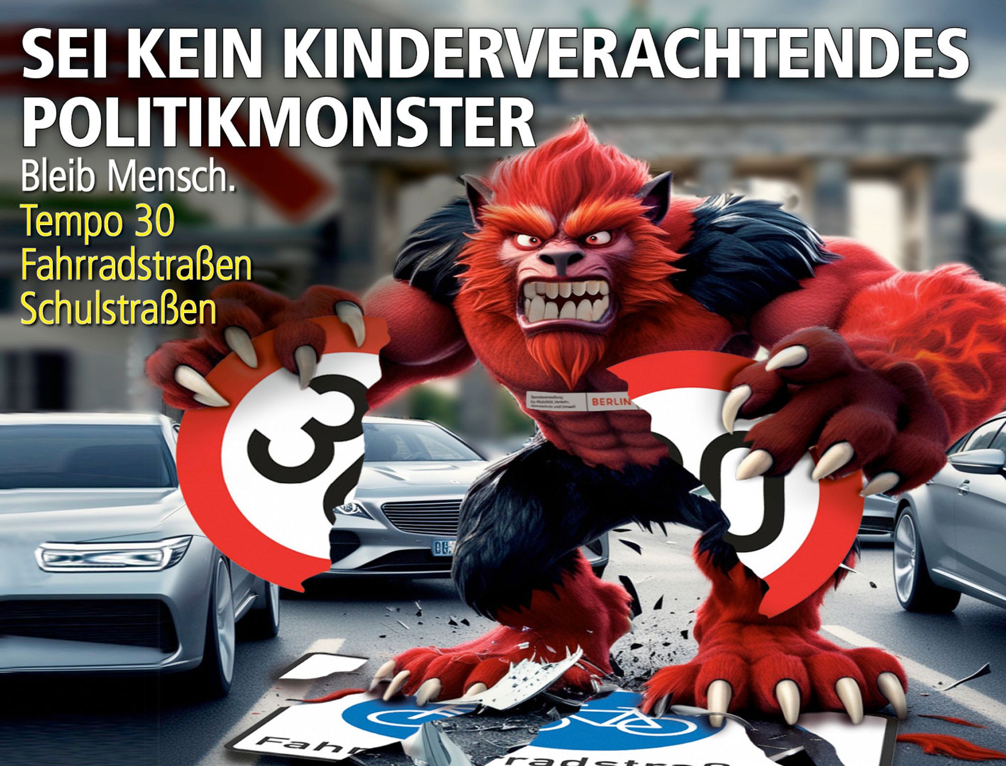 Ein wildes, pelziges schwarz/rotes Monster steht vor dem Brandenburger Tor und zerreißt Tempo 30- und Fahrradstraßenschild.
Text: Sei kein kinderverachtendes Politikmonster. Bleib Mensch. 
Tempo 30, Fahrradstraßen, Schulstraßen.