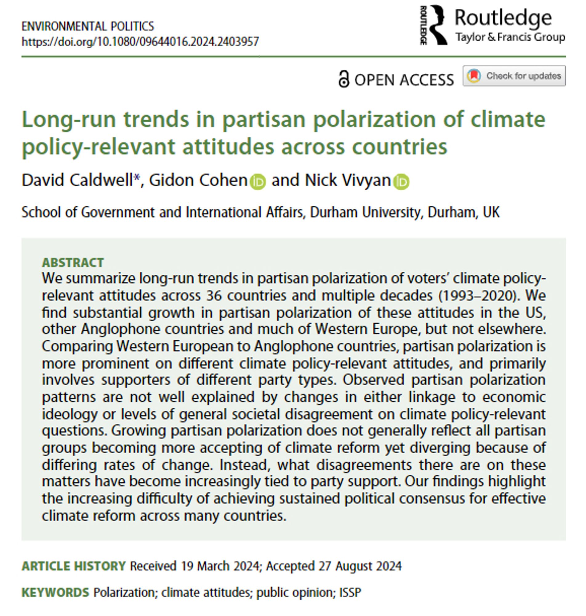 abstract reads: We summarize long-run trends in partisan polarization of voters’ climate policy-relevant attitudes across 36 countries and multiple decades (1993–2020). We find substantial growth in partisan polarization of these attitudes in the US, other Anglophone countries and much of Western Europe, but not elsewhere. Comparing Western European to Anglophone countries, partisan polarization is more prominent on different climate policy-relevant attitudes, and primarily involves supporters of different party types. Observed partisan polarization patterns are not well explained by changes in either linkage to economic ideology or levels of general societal disagreement on climate policy-relevant questions. Growing partisan polarization does not generally reflect all partisan groups becoming more accepting of climate reform yet diverging because of differing rates of change. Instead, what disagreements there are on these matters have become increasingly tied to party support...