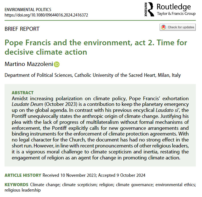 screenshot of article, titled 'Pope Francis and the environment, act 2. Time for decisive climate action'.