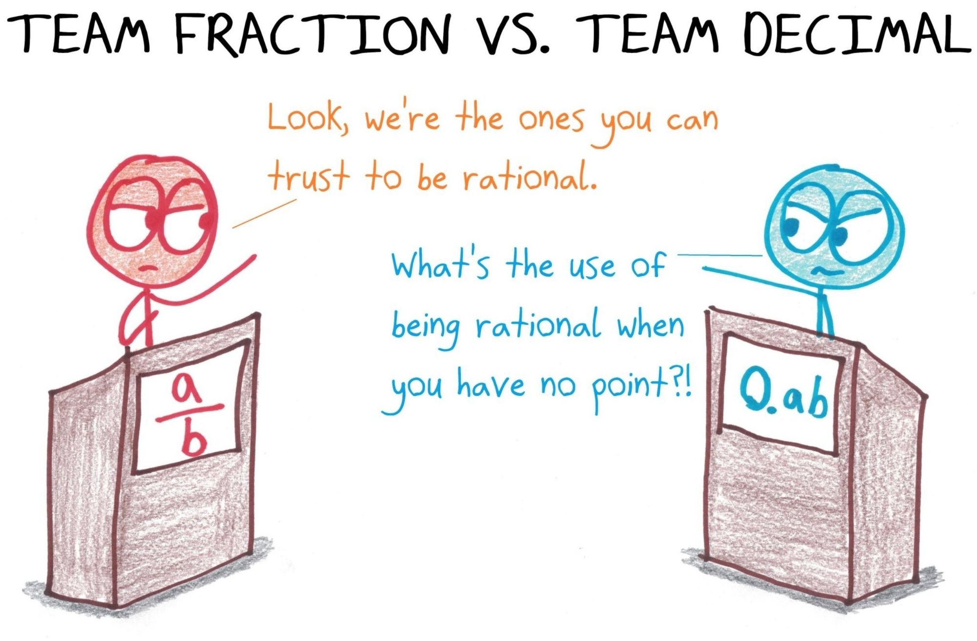 Team fraction: look, we're the ones you can trust to be rational.

Team decimal: What's the use of being rational when you have no point?!