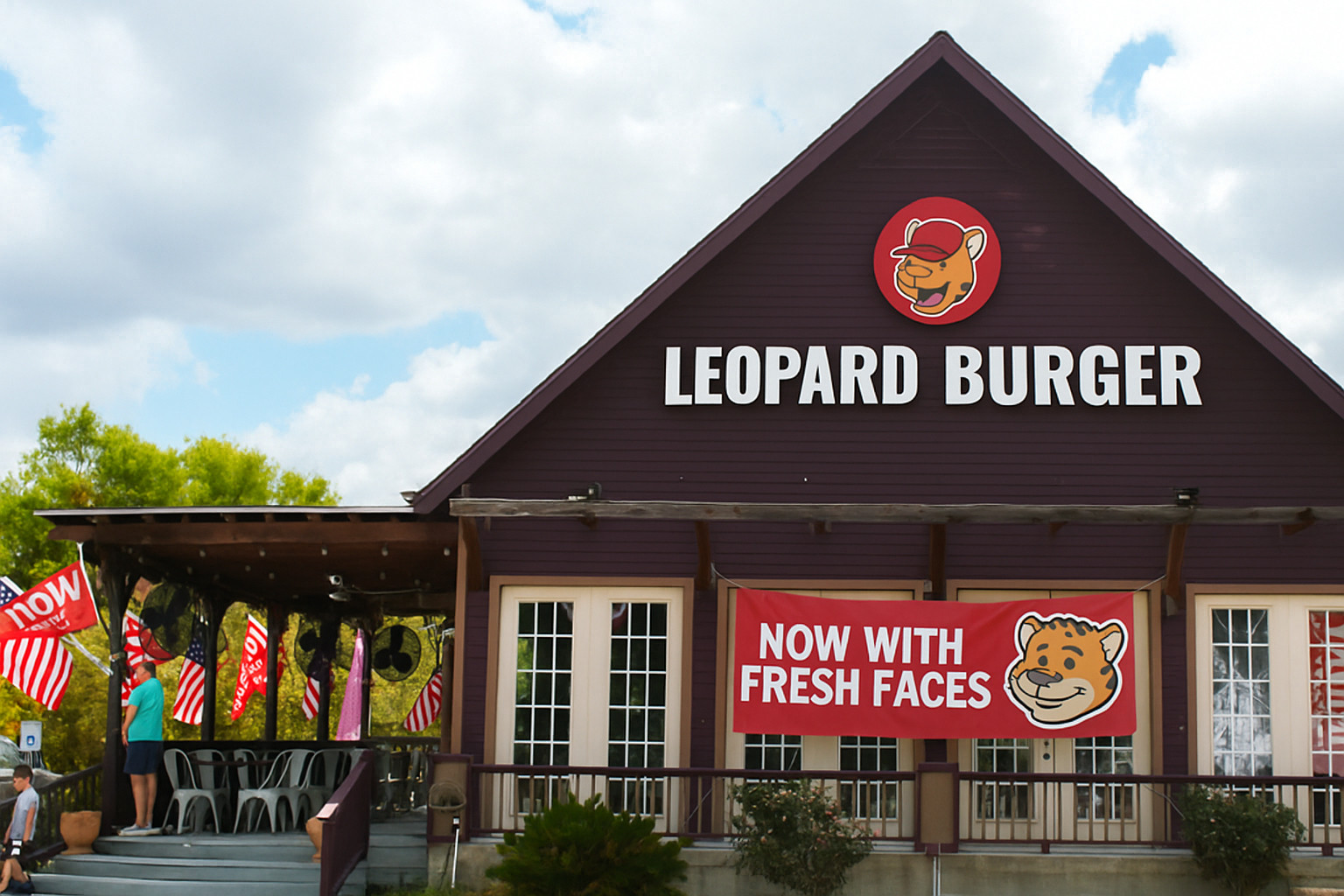 This photo, instead of the text TRUMP BURGER, is replaced by LEOPARD BURGER. The round photo of Trump above the restaurant name is replaced by a photo of a leopard wearing a red cap. Also, the banner in front of the windows changes as well. The banner have the text NOW WITH FRESH FACES with the image of a smiling leopard on the right side of the banner.
