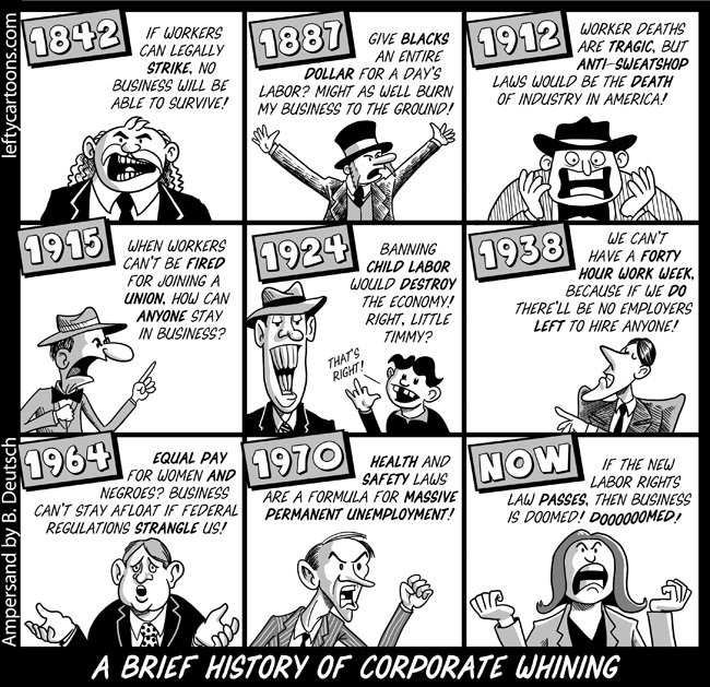 A black-and-white political cartoon titled “A Brief History of Corporate Whining” by B. Deutsch. The comic is arranged in a 3x3 grid, each panel depicting a different decade or year with exaggerated businessmen complaining about labor rights and social progress:

    1842: A businessman says if workers can legally strike, no business will survive.

    1887: A white businessman rants that giving Black workers a fair wage will destroy business.

    1912: A panicked businessman claims safety laws will kill industry, even though worker deaths are “tragic.”

    1915: A man argues that if workers can’t be fired for joining a union, no one can stay in business.

    1924: A businessman declares banning child labor will ruin the economy, addressing a small child who says, “That’s right!”

    1938: A man insists a forty-hour workweek will leave no employers to hire anyone.

    1964: A businessman claims equal pay laws for women and Black people will strangle businesses.

    1970: A man says health and safety laws will cause massive permanent unemployment.

    Now: A modern businessman dramatically cries that if new labor rights pass, business is “dooooomed!”

At the bottom is the caption: “A Brief History of Corporate Whining.”

The cartoon uses caricatures and over-the-top expressions to satirize how corporate interests have historically opposed progressive labor reforms by predicting economic disaster.