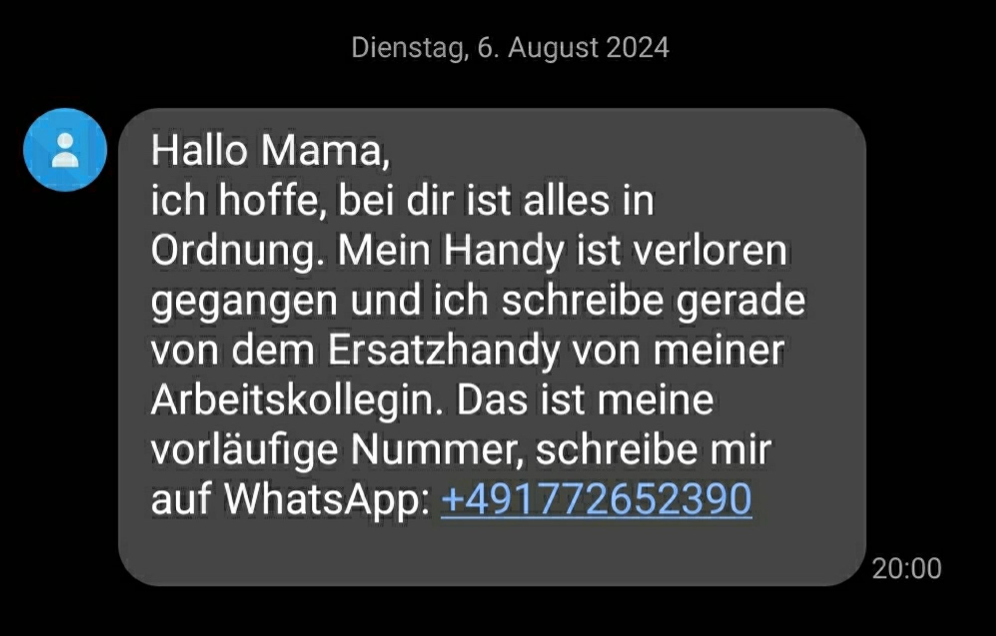 SMS Phishing, bei dem sich Betrüger als Kind des Adressaten ausgeben.