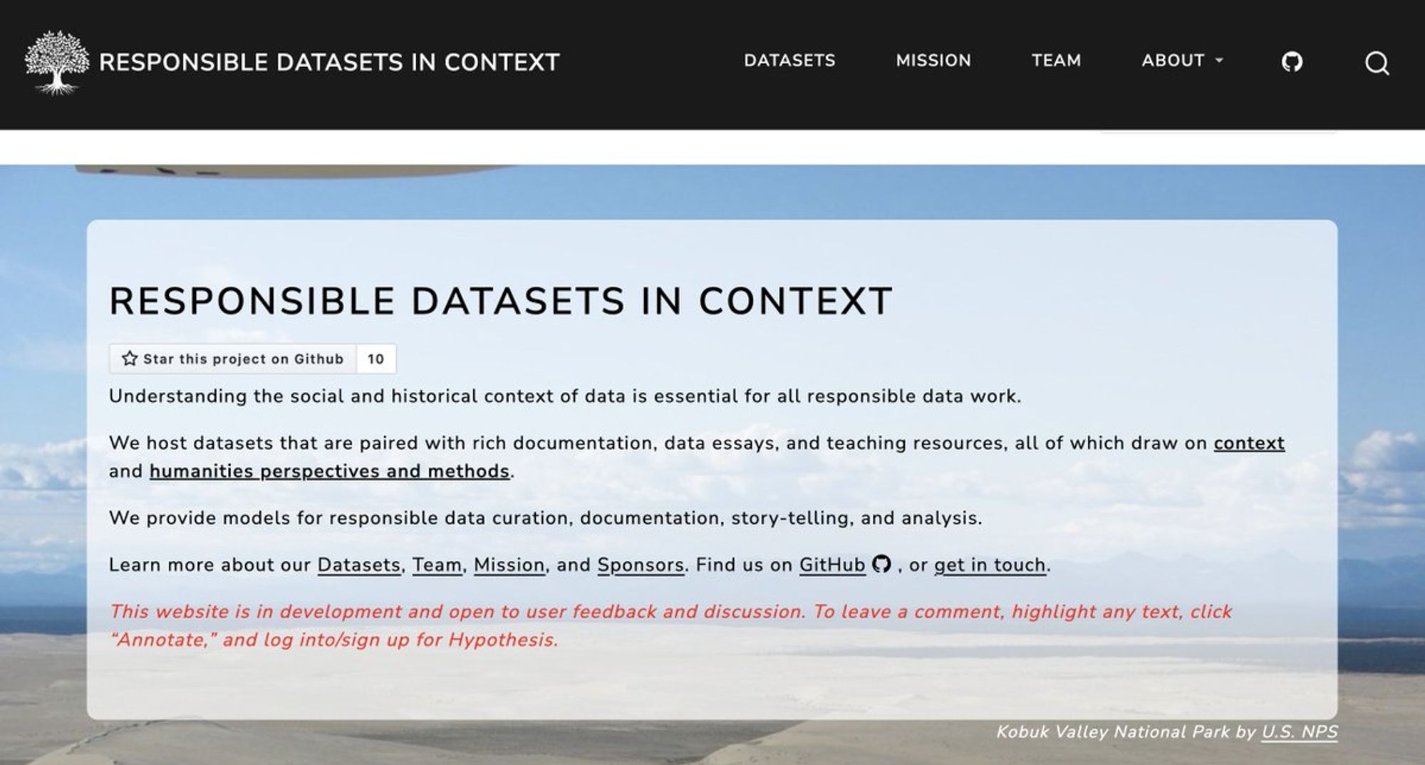 Responsible Datasets in Context website home page