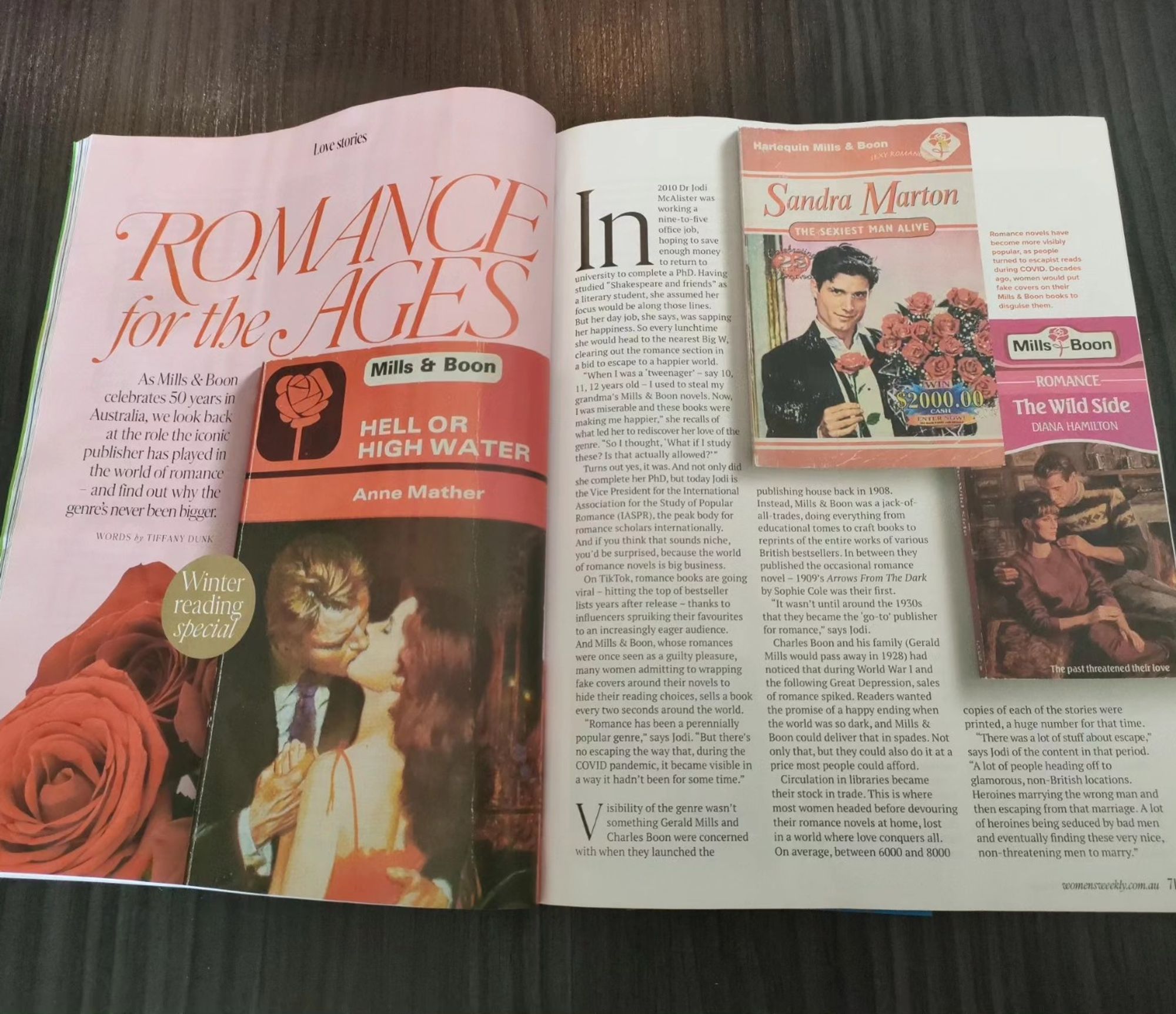 A double magazine page spread. On the left, the headline says Romance For The Ages. There are three classic Mills & Book covers scattered amid the text.