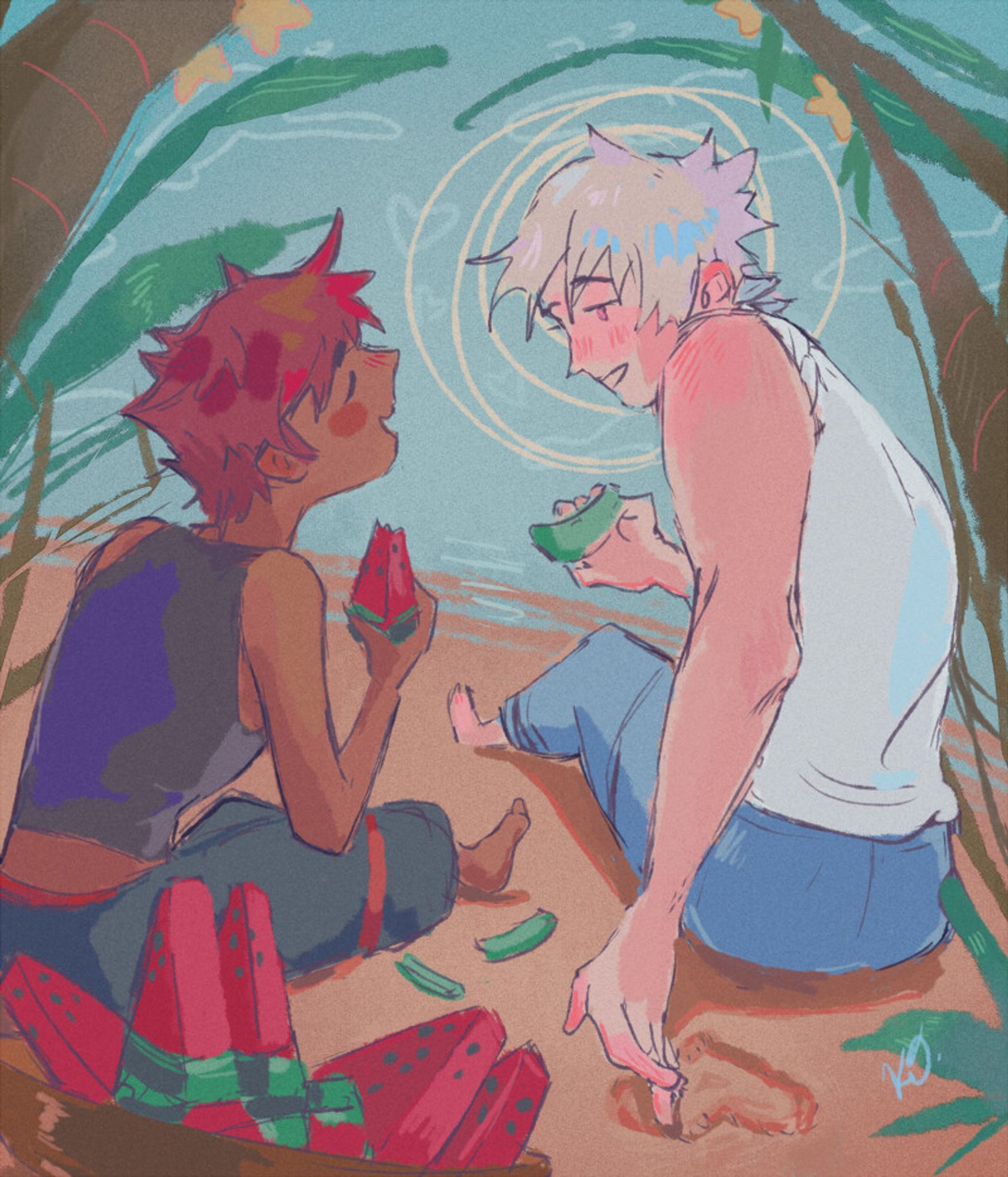 sora and riku from kingdom hearts on the beach together enjoying watermelon. Sora is happily chatting away with his eyes closed while Riku chats back at him, smiling.