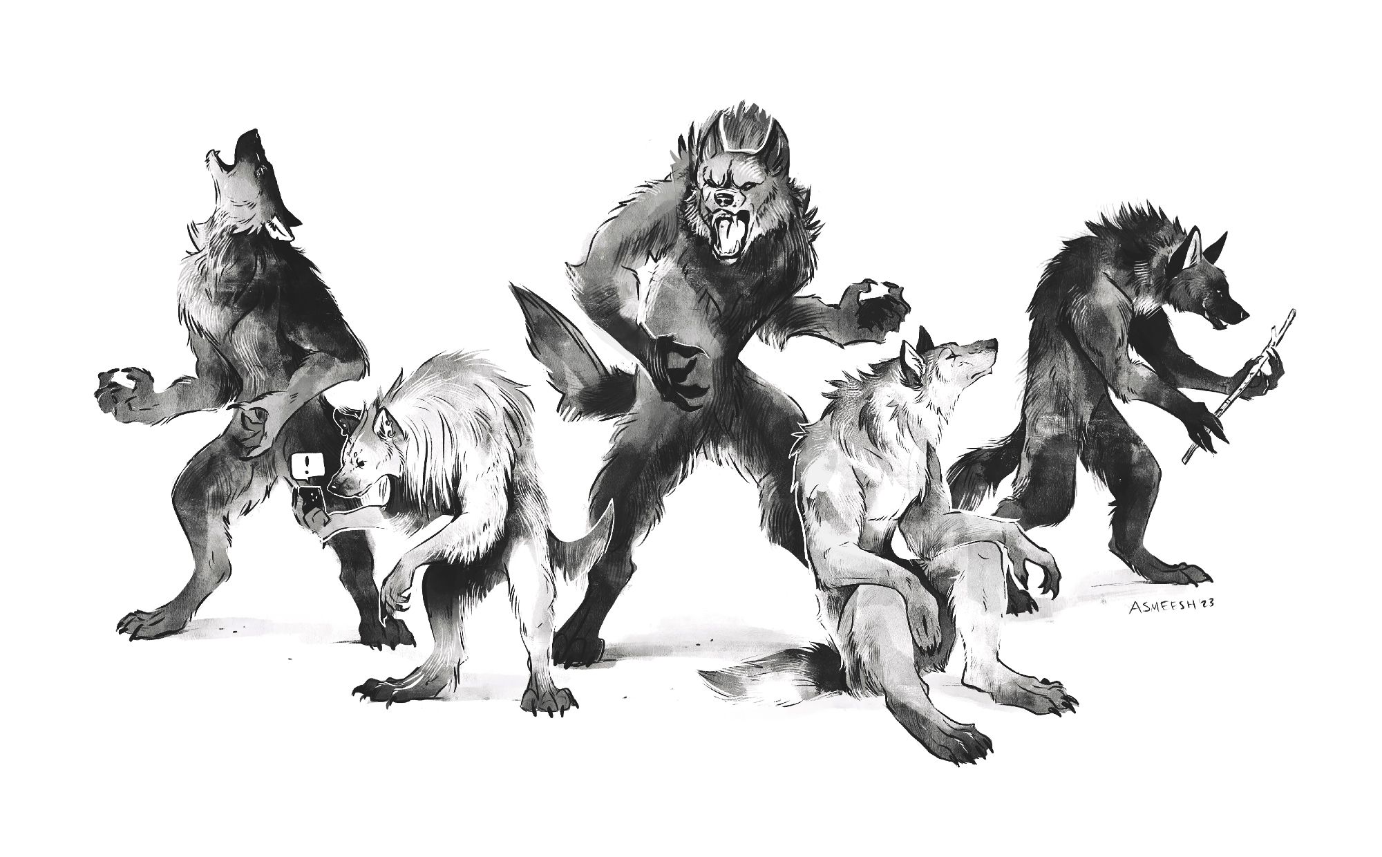 Art work of a Werewolf the Apocalypse RPG pack. There are 5 werewolves. From left to right, one howling, one looking at a smart phone struggling with werewolf paws, one snarling, one sitting and looking wistful and one studying a stick intently.