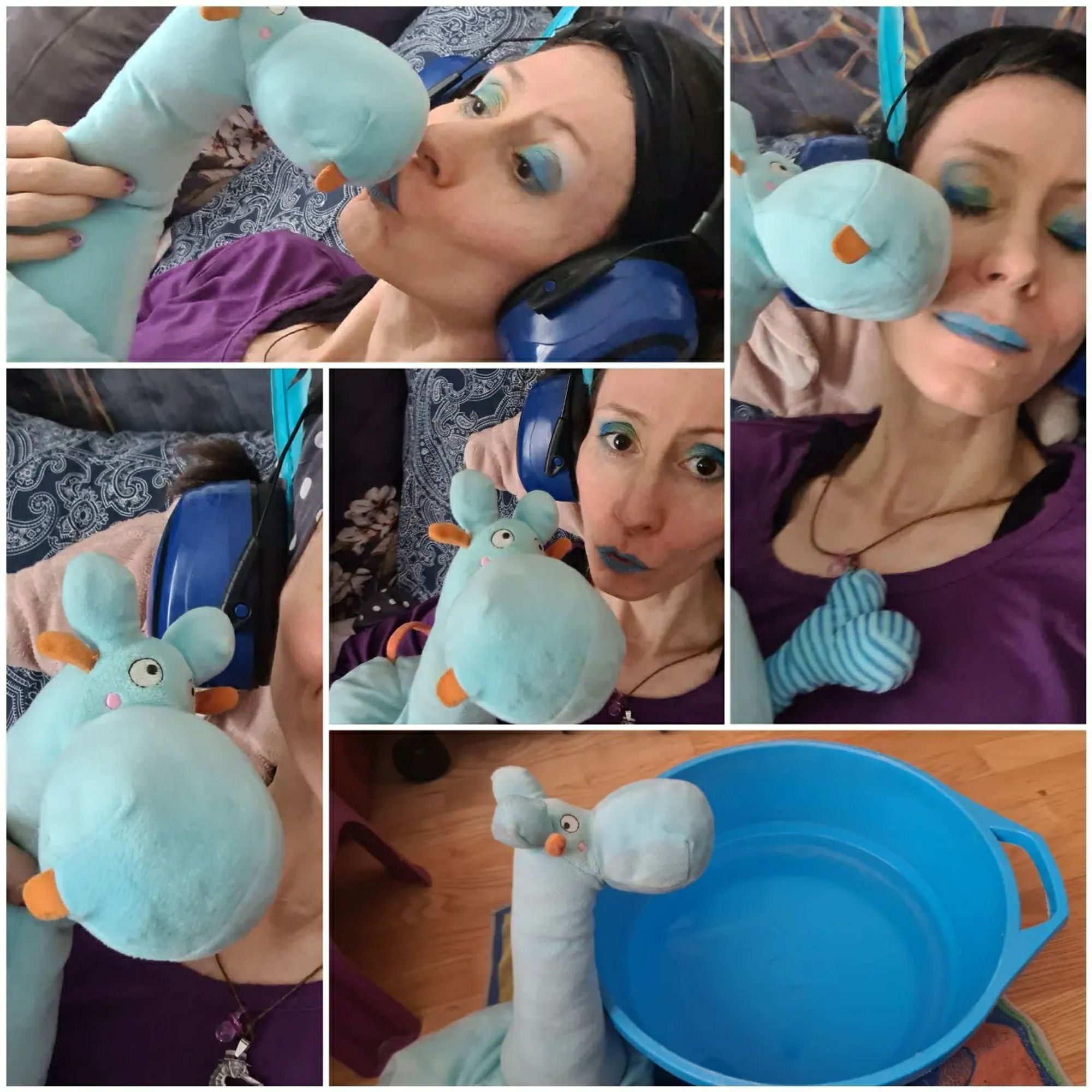 Picture of Judy kissing a blue giraffe cuddly toy and a blue washing basin.