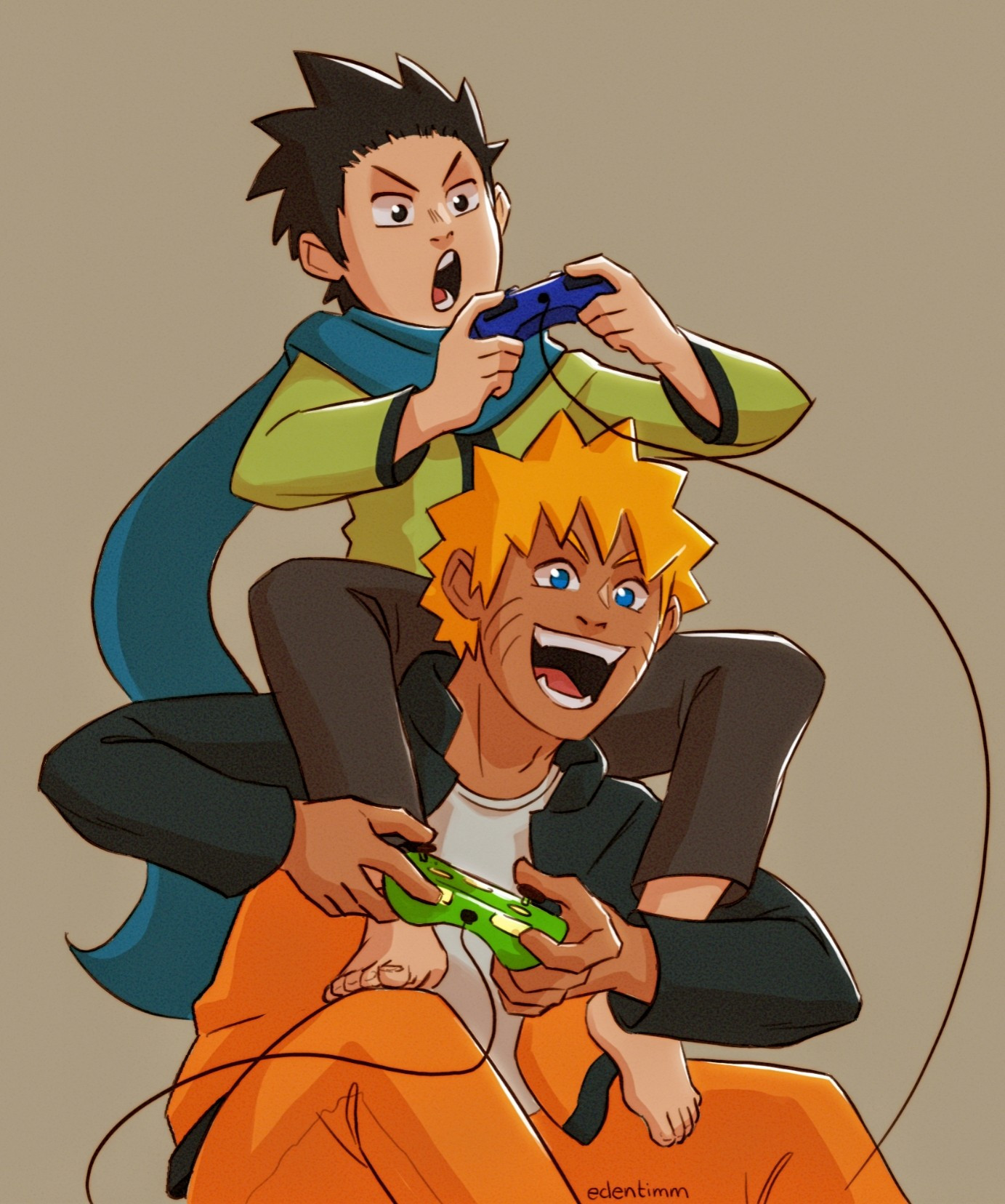 Shippuden aged Konohamaru and Naruto playing video games together, with Konohamaru sitting on Naruto's shoulders.