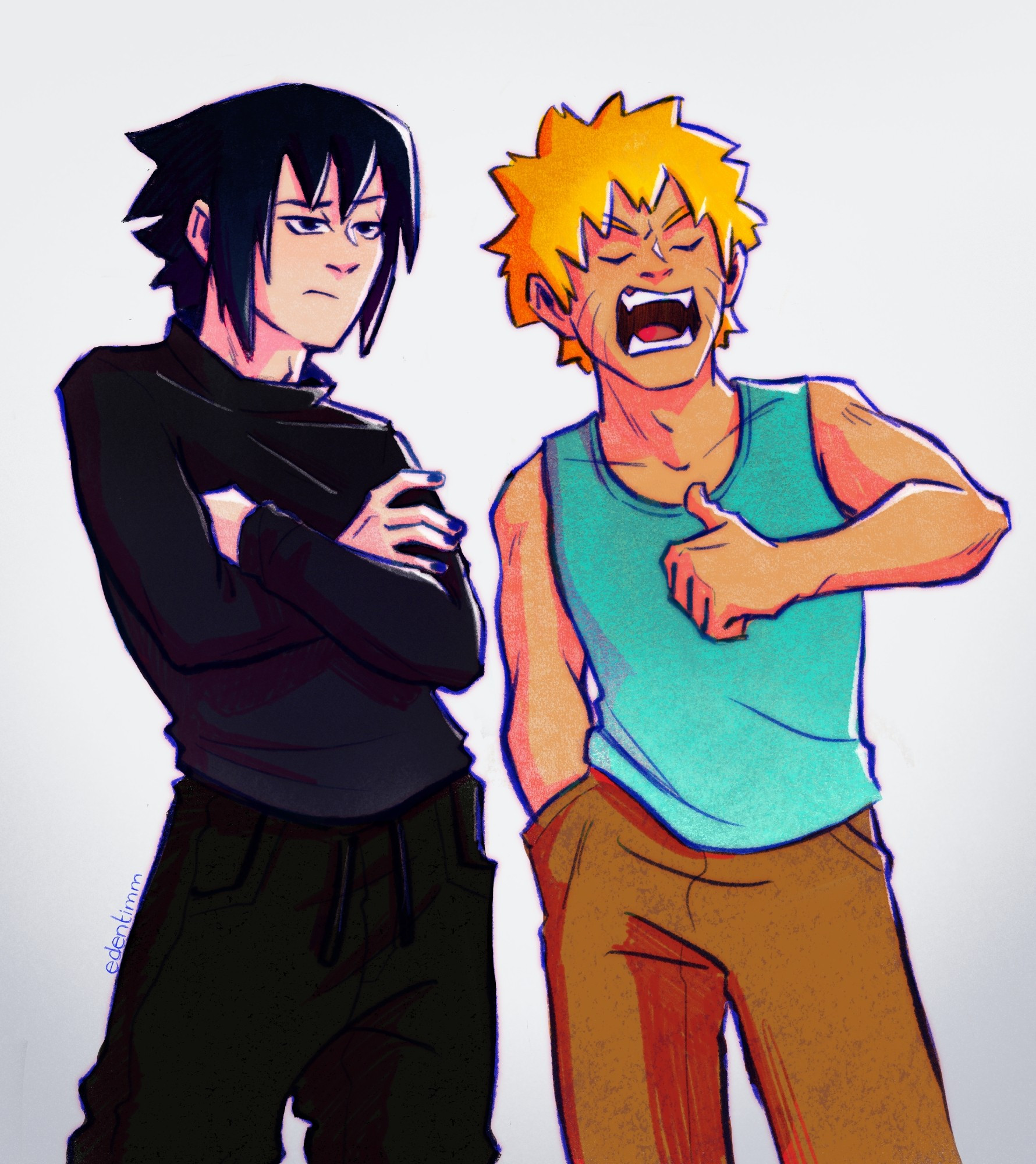 Young 20s Sasuke and Natuto in modern clothes. Sasuke is on screen left, in all black, long sleeves, and turtleneck. His arms are crossed, and he looks ahead, unimpressed. Naruto is to his right in a blue tanktop and tan pants. His mouth is wide open, mid sentence, a cocky, closed eye expression on his face, pointing his thumb to his chest.