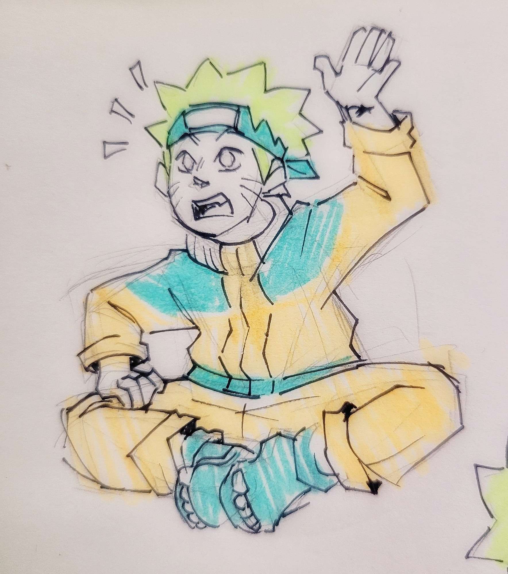 Genin aged Naruto Uzumaki sits on the floor, with his hand raised in earnest. Rough pencil and ink drawing, coloured with highlighters