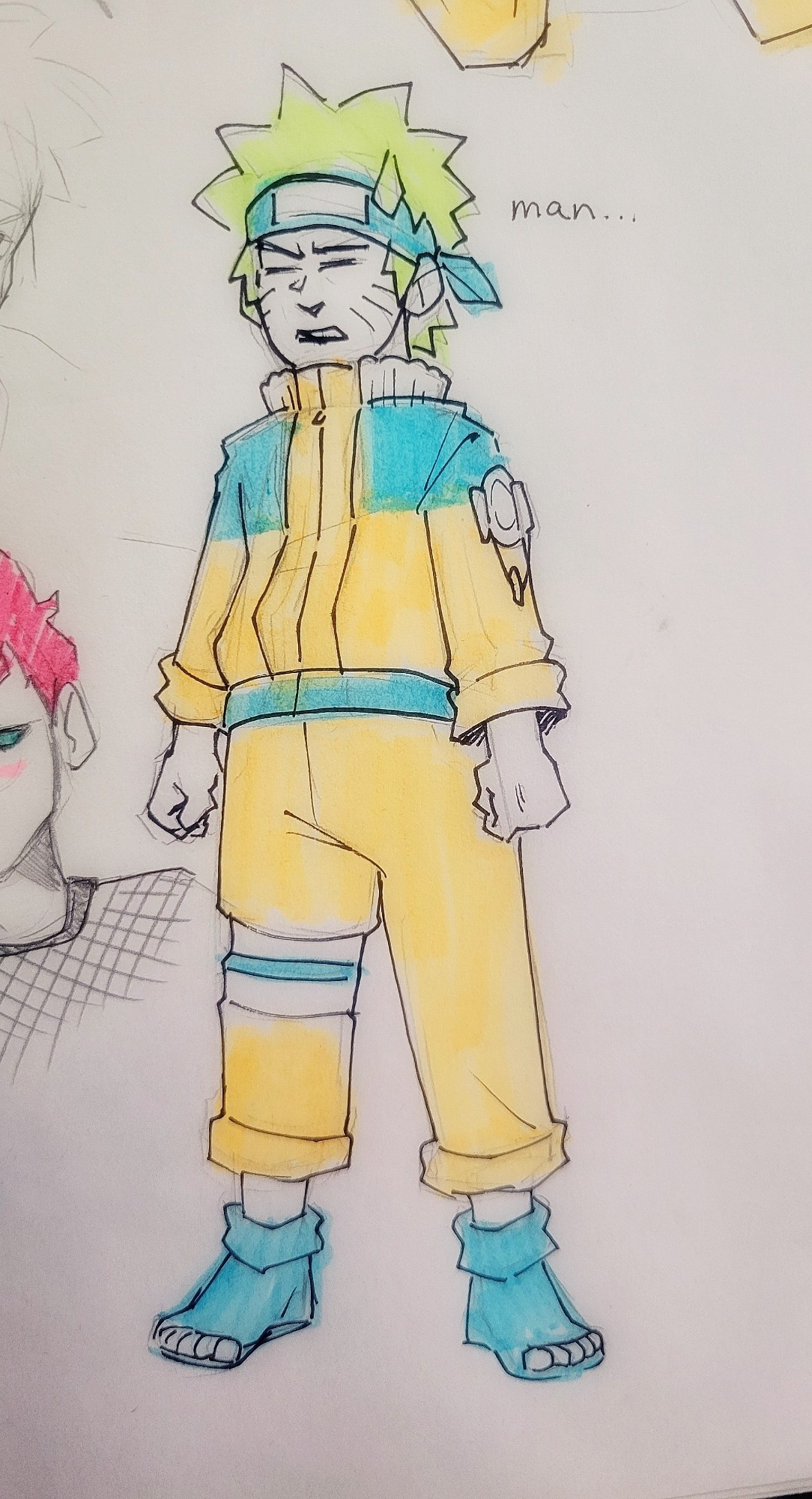 Genin aged Naruto Uzumaki stands stiffly, eyes closed with an anxious expression, muttering, "Man...". Rough pencil and ink drawing, coloured with highlighters