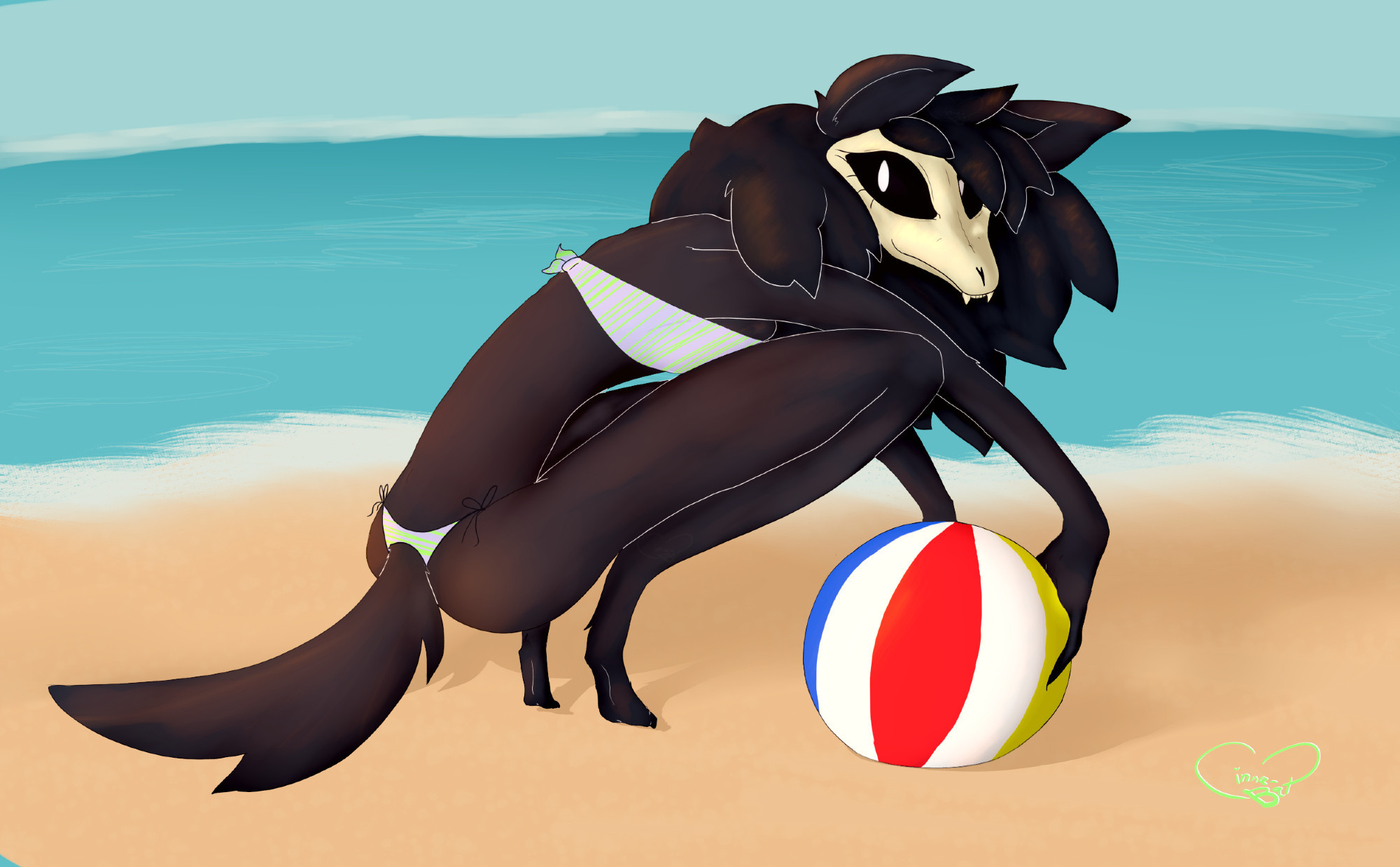 A pic of scp 1471 aka mal0 at the beach. Their back is facing back and they're looking at viewer with a subtle smile. They're holding a beach ball on the ground while standing on their feet