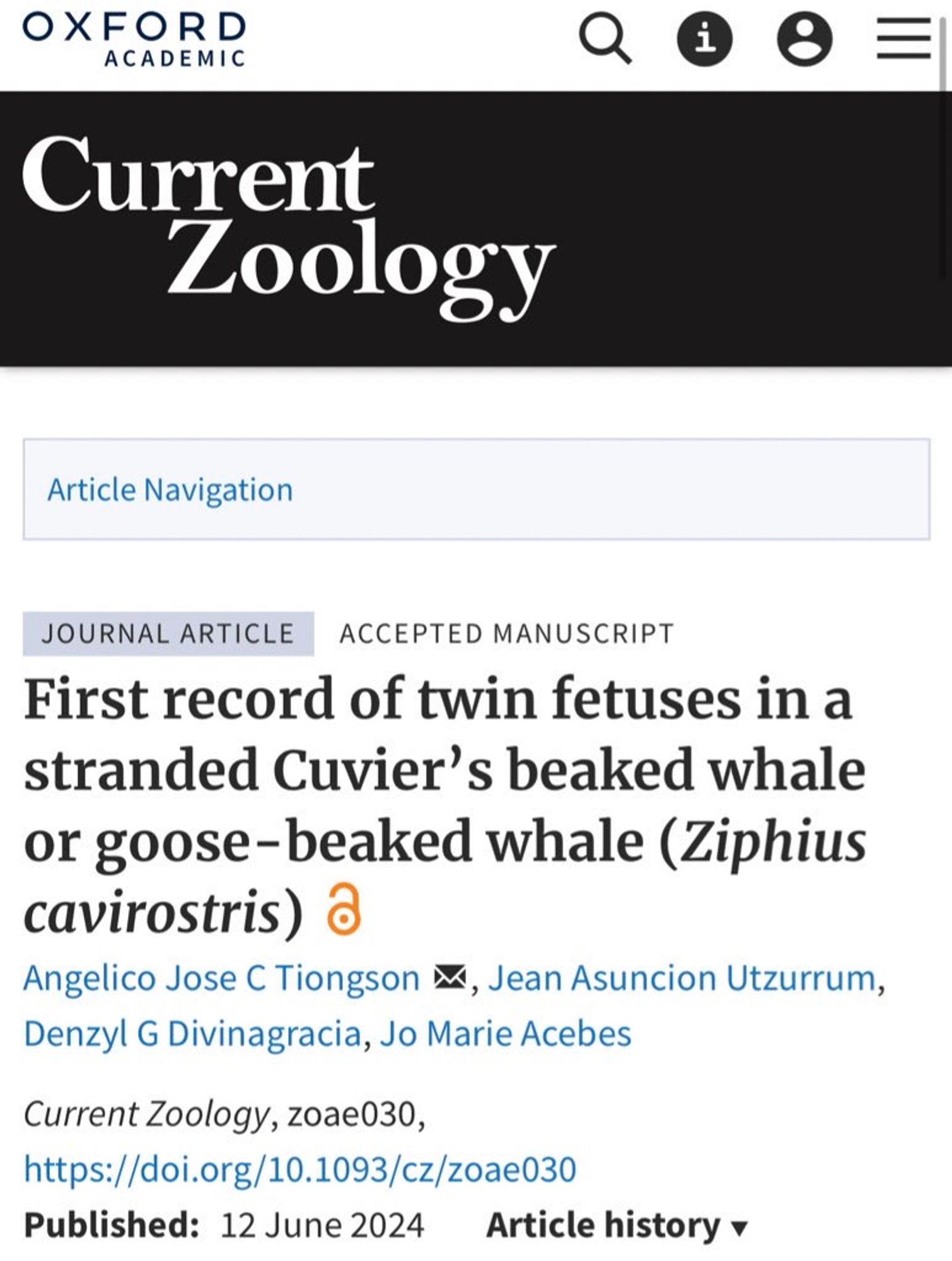 Screenshot of article entitled ‘First record of twin fetuses in a stranded Cuvier’s beaked whale’ in the journal Current Zoology