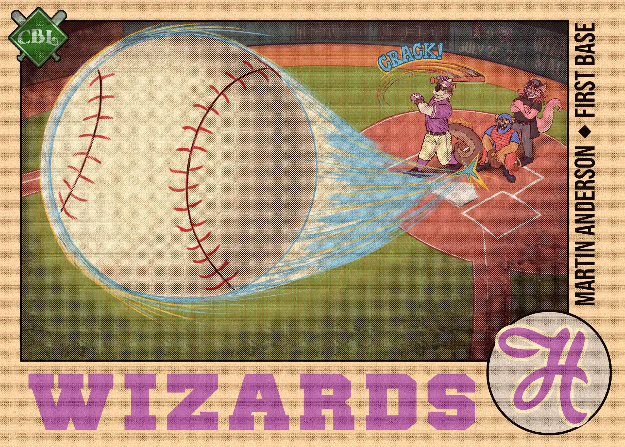 A baseball card. With perspective looking down at the hitter, the baseball flies out of the park. The wolf stands in follow through, with a lion catcher and coyote umpire watching behind him. "Wizards. Martin Anderson, First Base," reads the text.