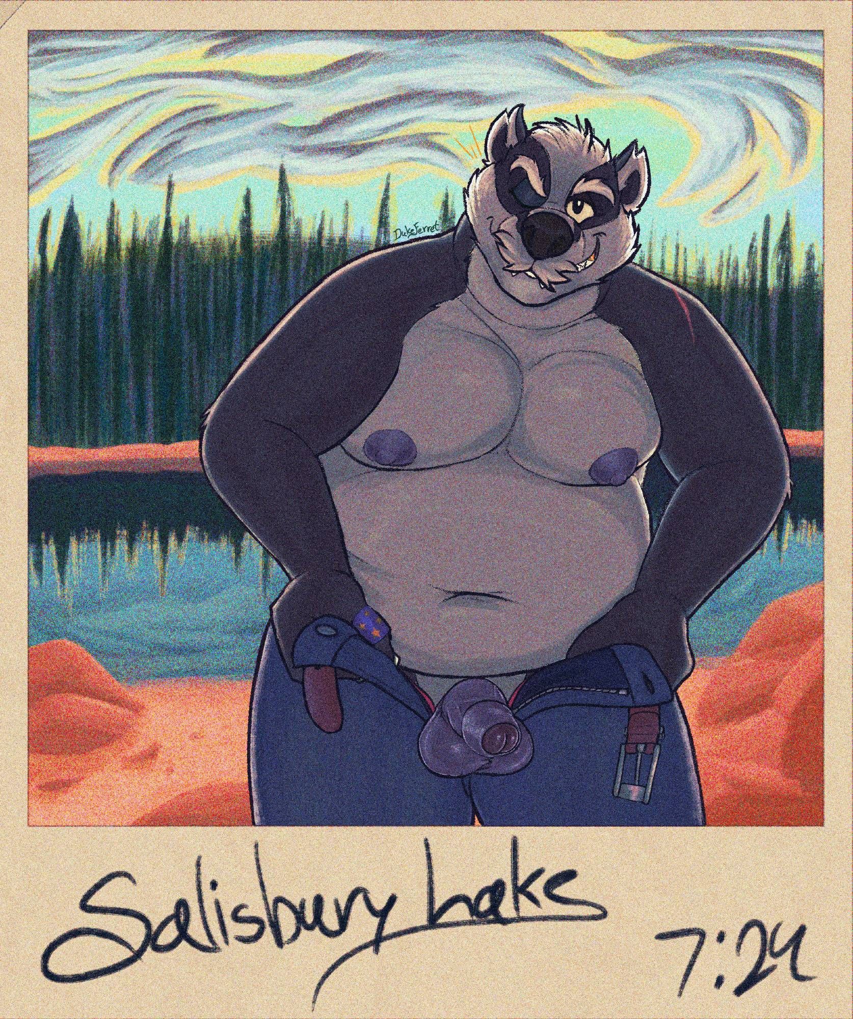 A polaroid of a chubby, shirtless anthropomorphic badger stripping by a lake, letting his genitals flop out. He winks at the photographer. Behind him, the lake sits still at dawn. Sunlight filters from behind the trees and clouds, over his shoulders.