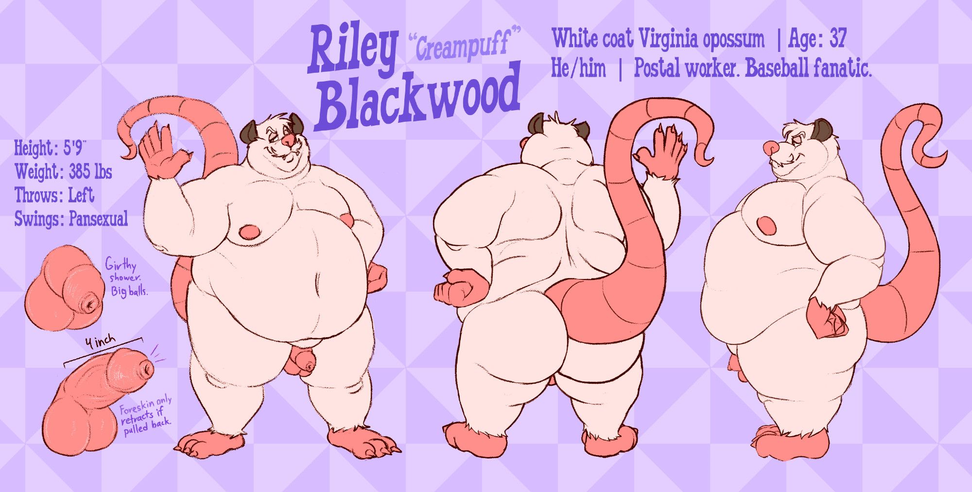 Ref sheet for a fat white coat Virginia opossum. Three rotated full body poses, and two shots of his genitals, flaccid and hard.
Name: Riley "Creampuff" Blackwood
Age: 37
Height: 5'9"
Weight: 385 lbs
Throws: Left
Swings: Pansexual
Pronouns: he/him
Postal worker. Baseball fanatic.