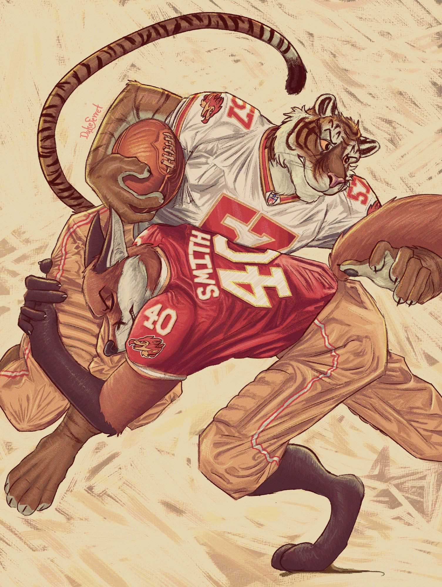 An anthropomorphic tiger in white, red, and gold football gear cradles the ball in the crook of one arm and charges forward with determination. A fox named Smith in the team's home uniform splays his ears, wraps his arms around the tiger's thighs, and tries to tackle him.