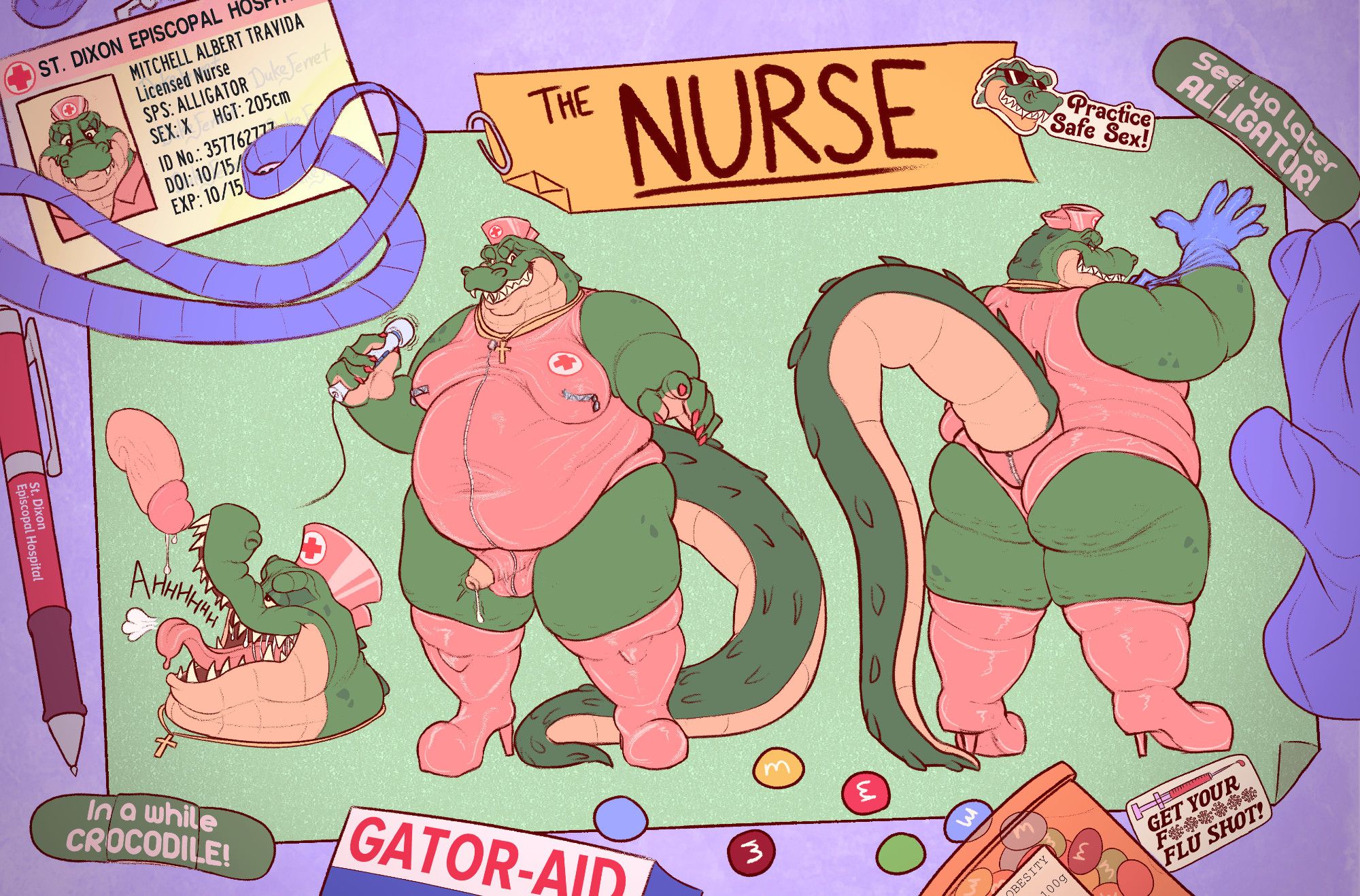 A diegetic ref sheet of a fat anthropomorphic alligator nurse, with an assortment of items on their desk laid around. "Mitchell Albert Travida, Licensed Nurse," reads their ID. They stand at 6'7". They wear a pink one piece latex bathing suit with a red cross on their chest, as well as a shiny pink nurse's cap, a cross necklace, and matching rubber boots. 

In one full body pose, they grin and brandish a vibrator. Their hard cock slips out the side of their bathing suit's crotch. In the other full pose, they present their rear to the viewer and smile back as they tug on rubber gloves. In a closeup profile shot, they stick out their tongue to catch a pre from a dripping cock.