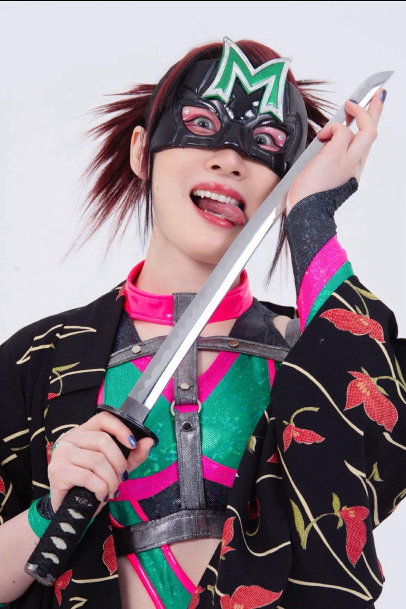 Portrait of professional wrestler, superhero, and ruler of Earth Hyper Misao. She is licking the blade of a sword.