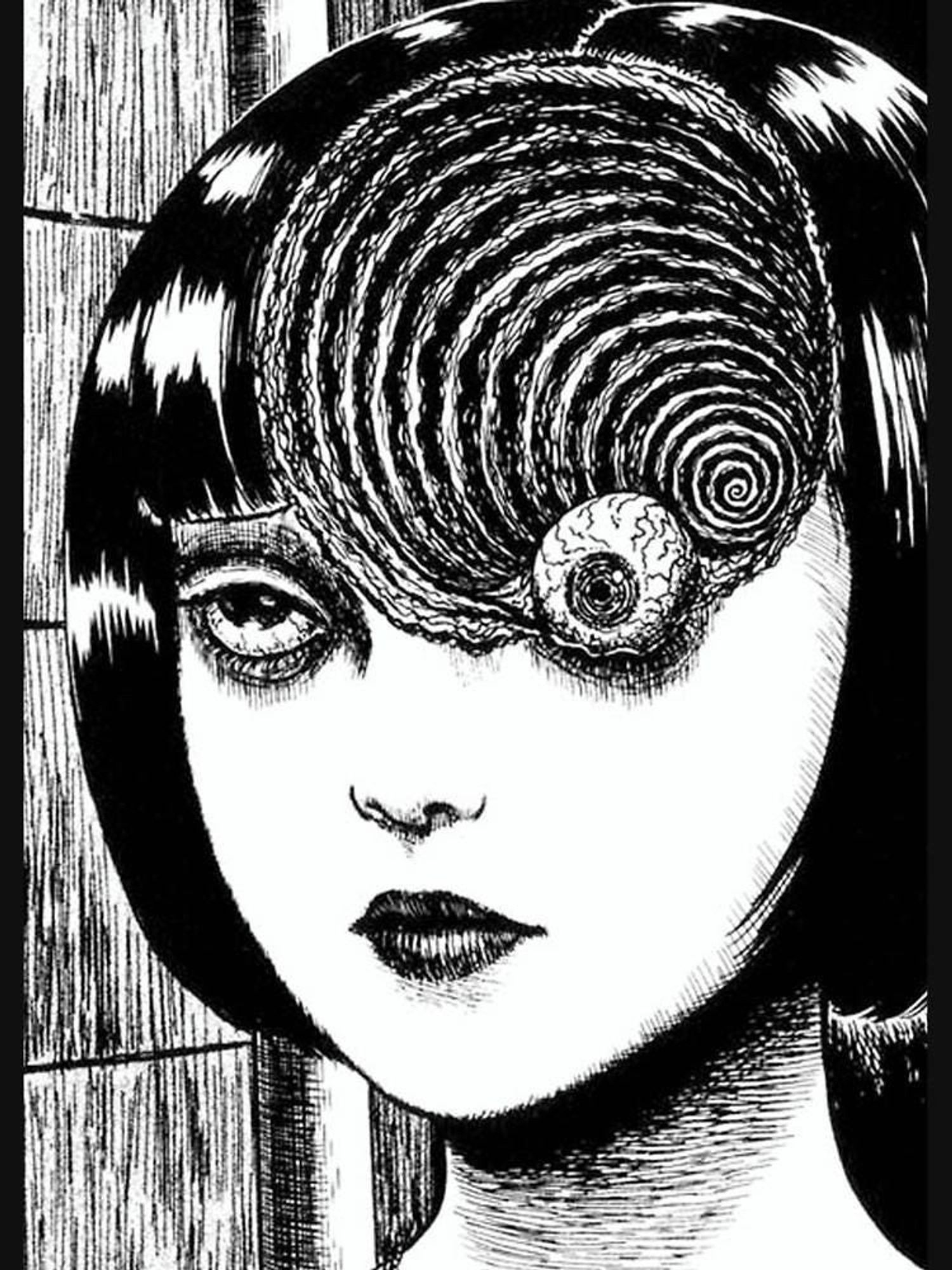 drawn image of a woman with a spiral shaped bored into her head. it’s from uzumaki a manga by junji ito.