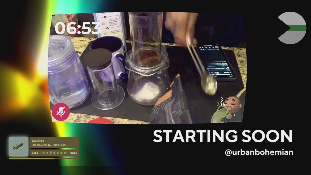 Starting soon screen for urbanbohemian’s Twitch stream currently showing a countdown and a set up for making coffee. 