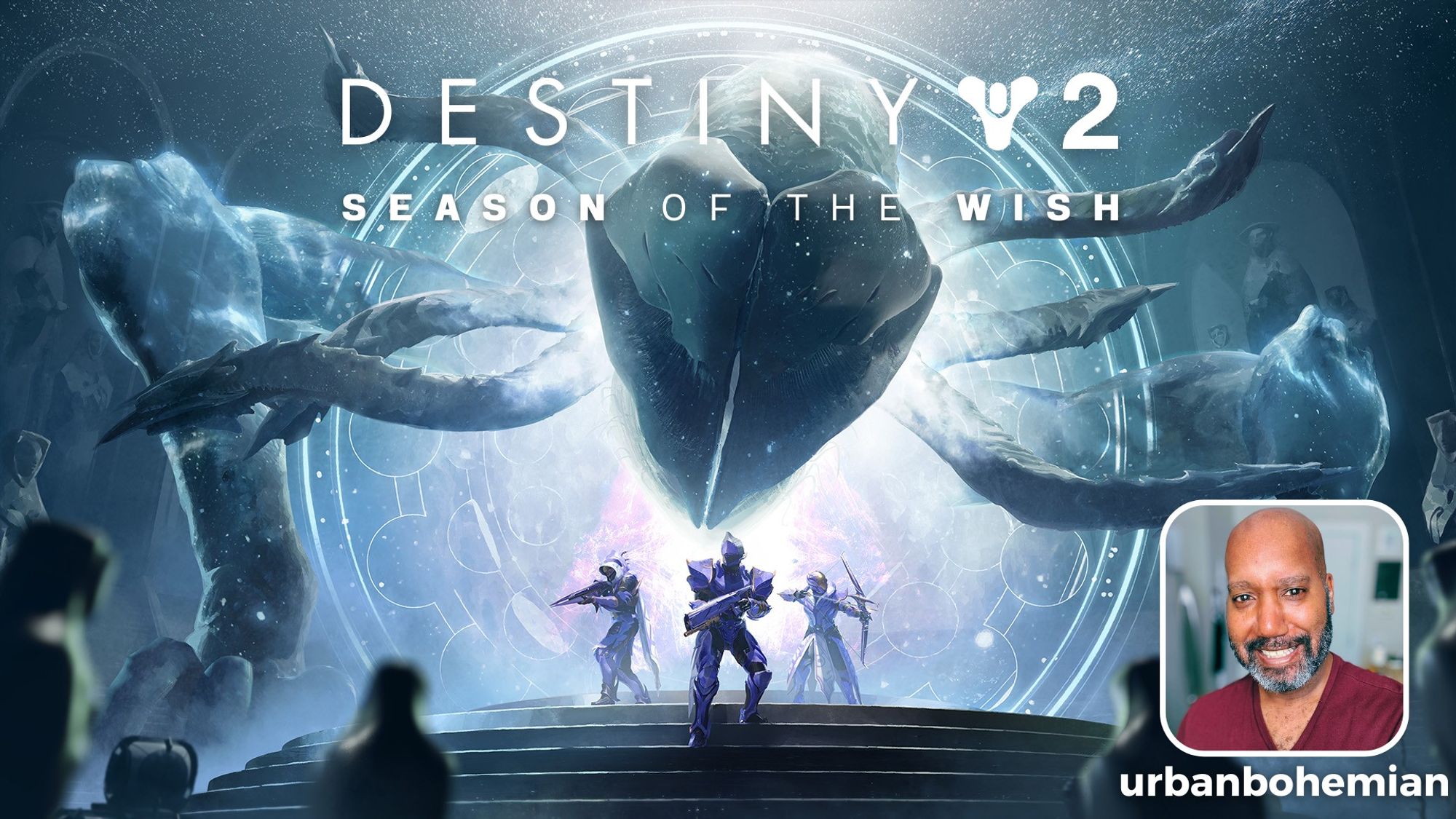 Destiny 2 key art for Season of the Wish featuring a Guardian of each class standing on stairs before a large portal. An Ahamkara (a creature said to grant wishes) is emerging behind them as unidentified figures look on from the foreground.