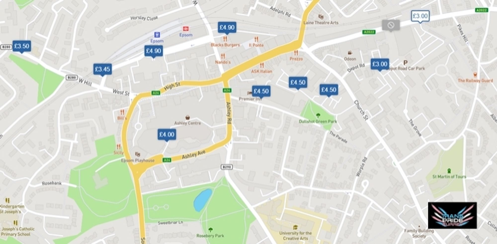 Map showing all the different car parks and prices in Epsom Town Centre