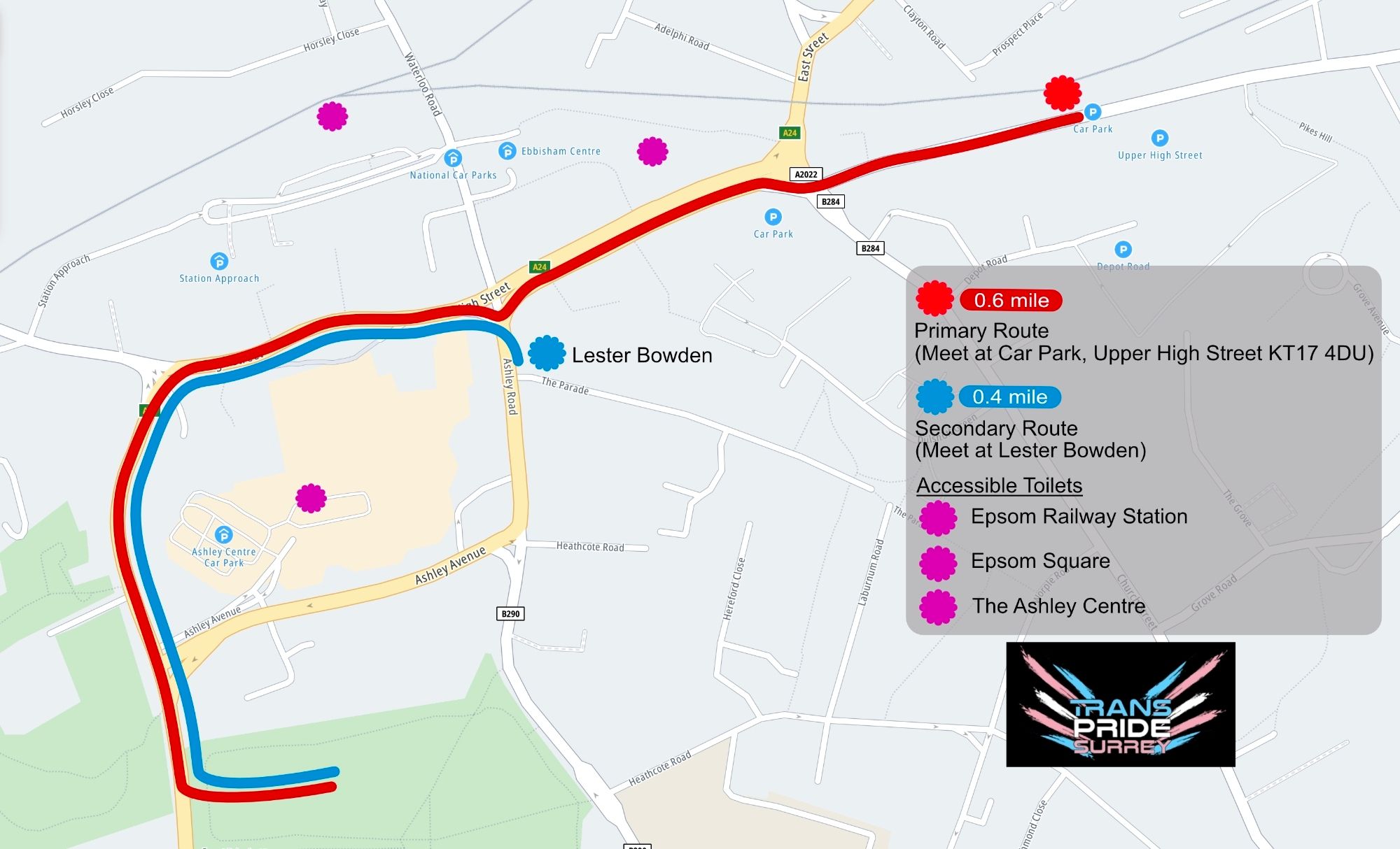 May showing the routes.
Red route meeting at 11.30am at Upper High Street Car Park
Blue short route meeting at Lester Bowden at 12pm
Picture also shows accessible toilets at Epsom Station, Epsom Square and The Ashley Centre