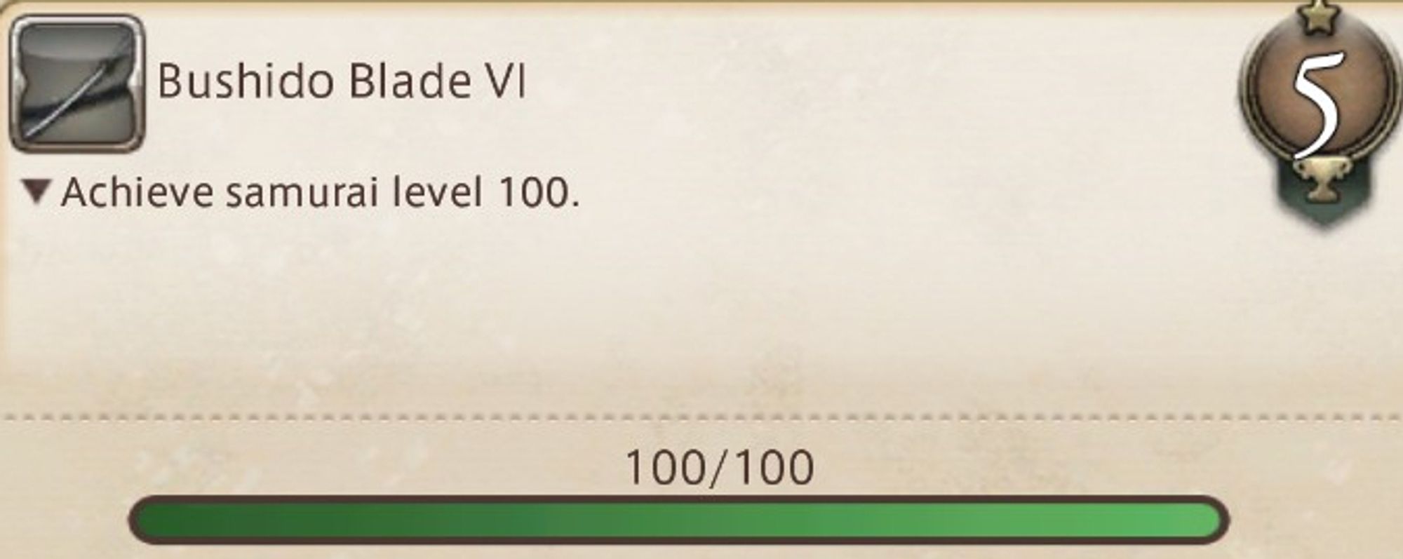 ff14 screenshot for bushido blade vi, the achievement for reaching level 100 with samurai