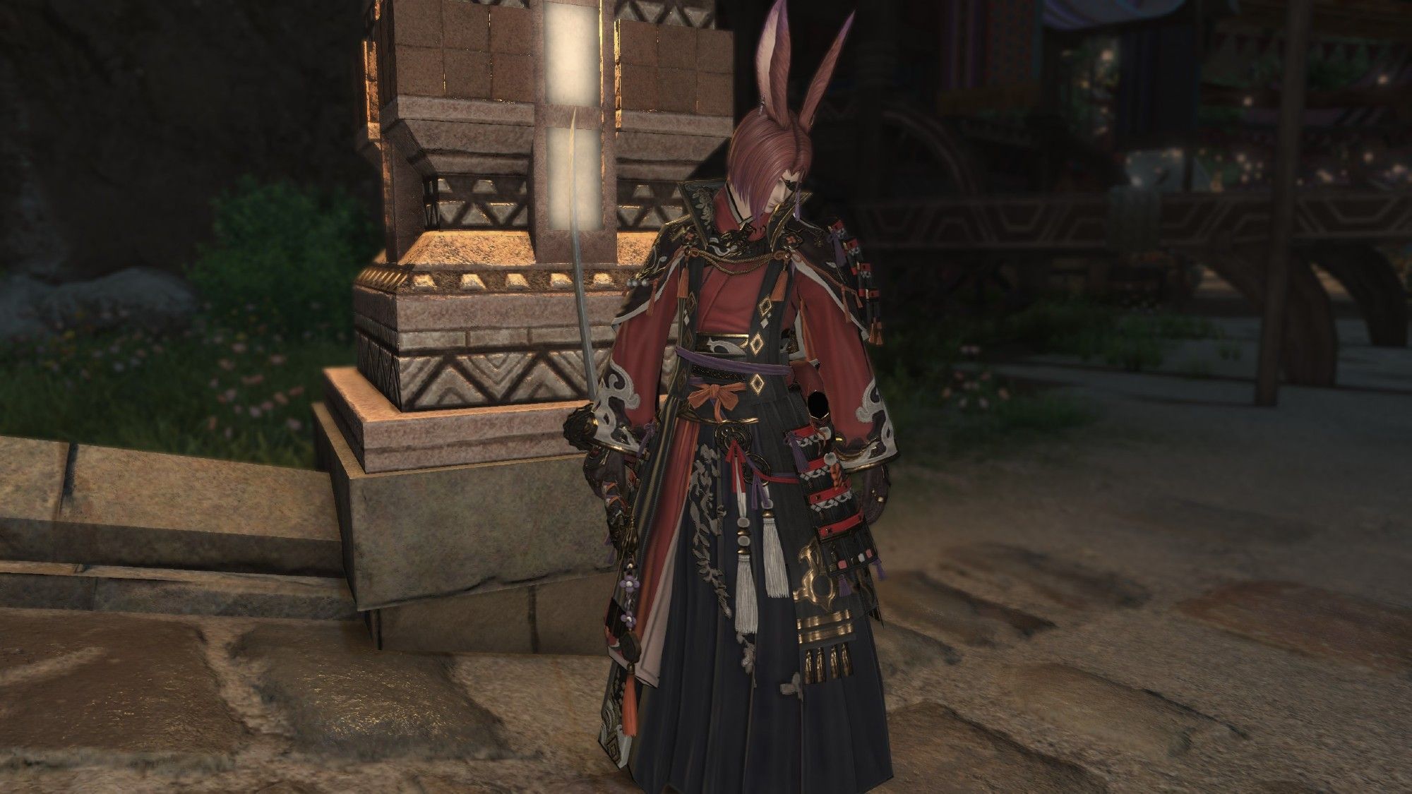 a ff14 gpose of my character, elja, in the level 99 samurai full set