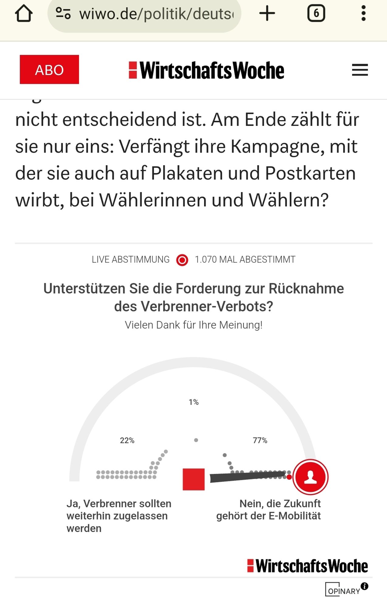 Umfrage der WiWo; Unterstützen sie die Forderung zur Rücknahme des "Verbrenner Verbots"? --> 77% Nein