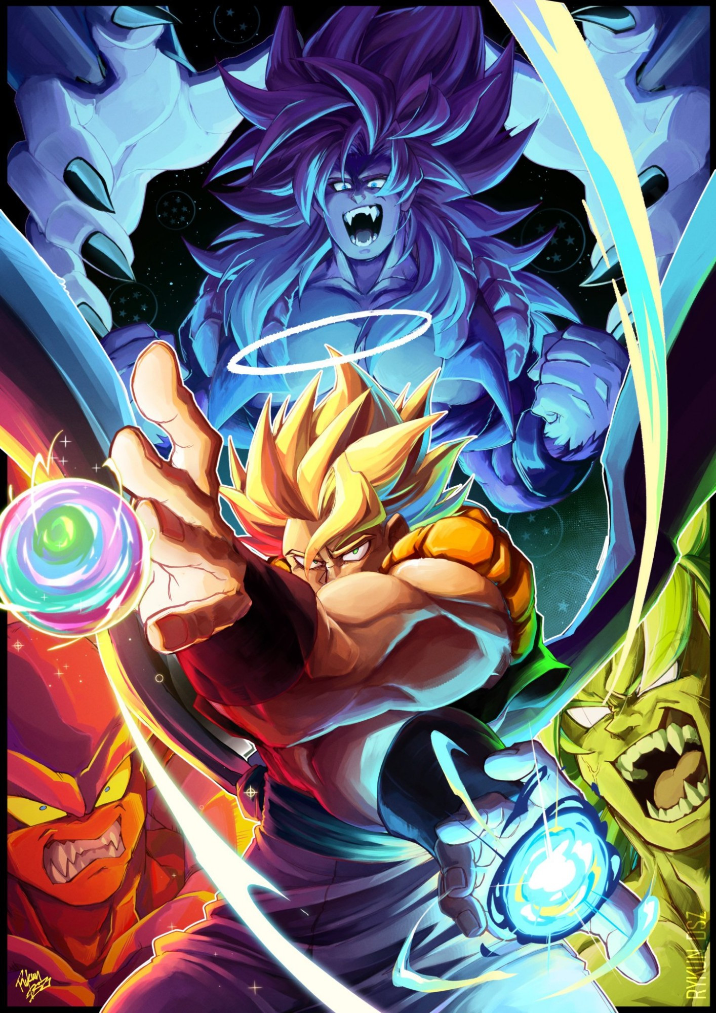 Super Gogeta with Janemba, Broly, super saiyan 4 gogeta and Omega Shenron in the background.