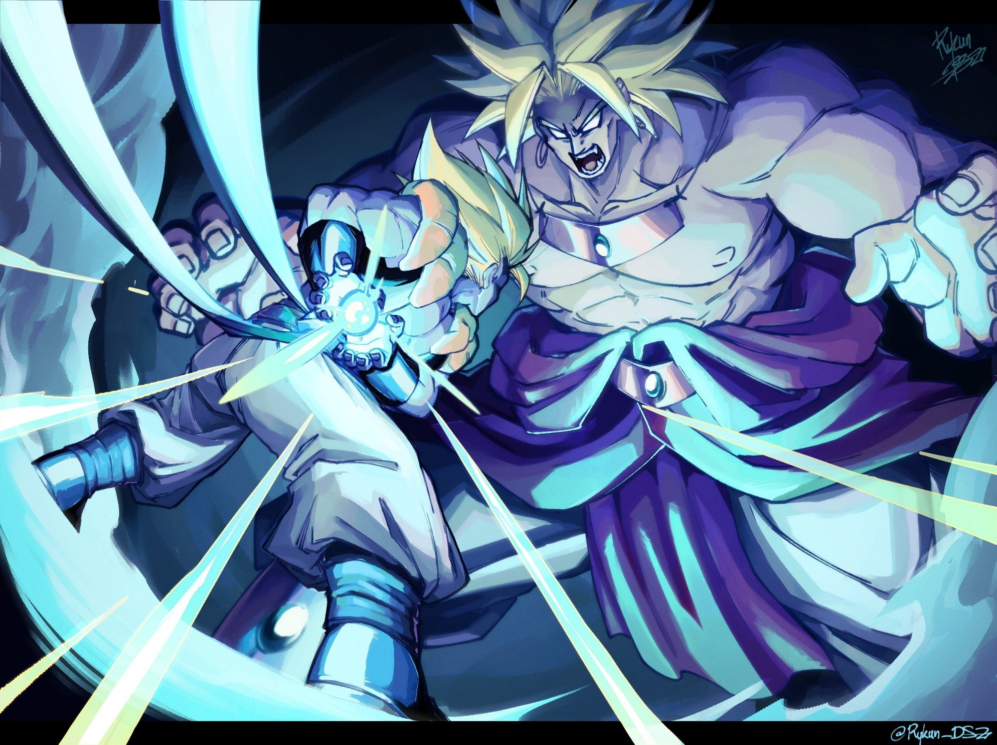 DBZ Gogeta charging a kamehameha while facing DBZ Broly