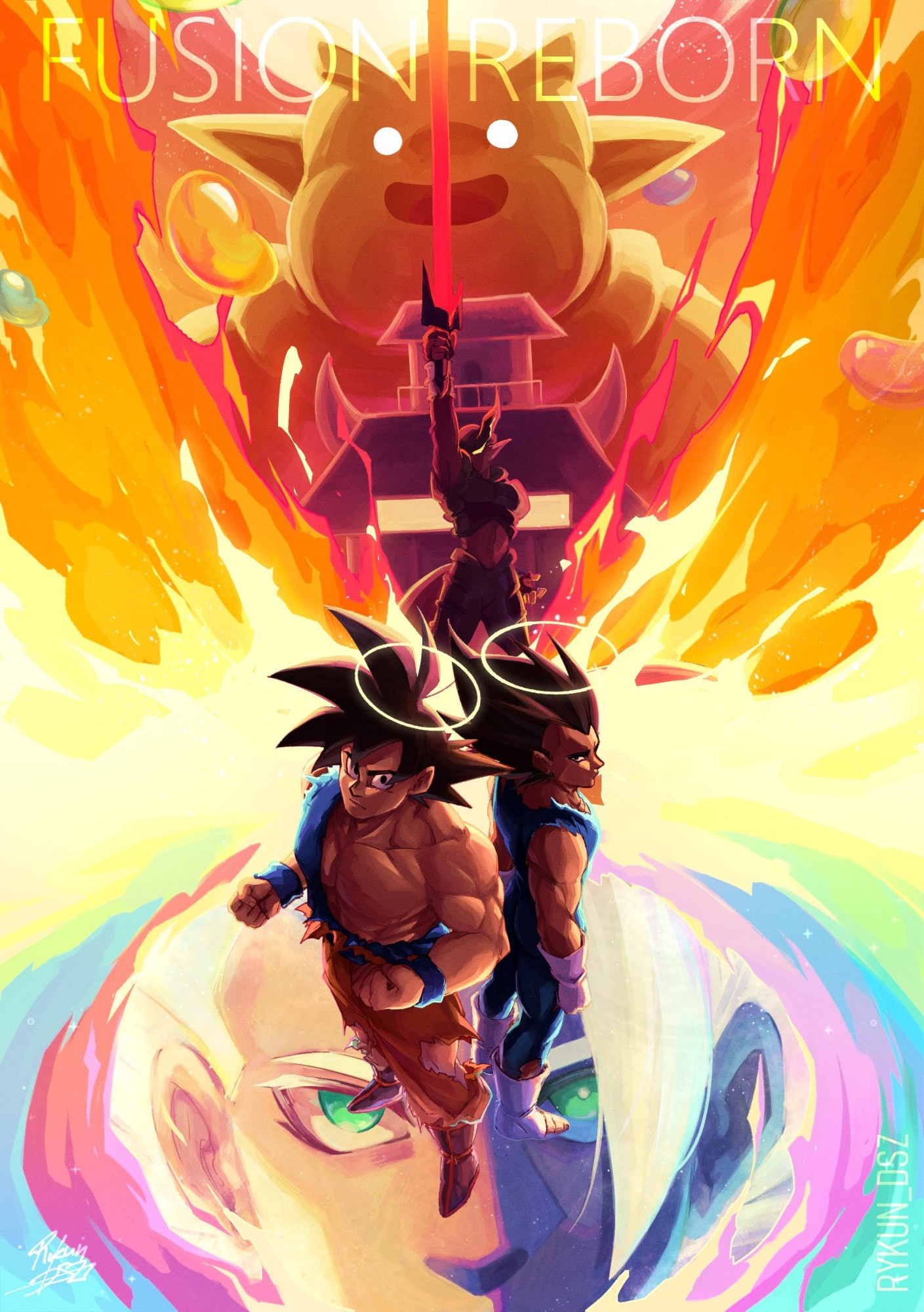 Goku and Vegeta both bearing halos in the foreground, surrounded by rainbow fire with Super Janemba wielding his blade towards the sky. The background includes Janemba and Super Gogeta.