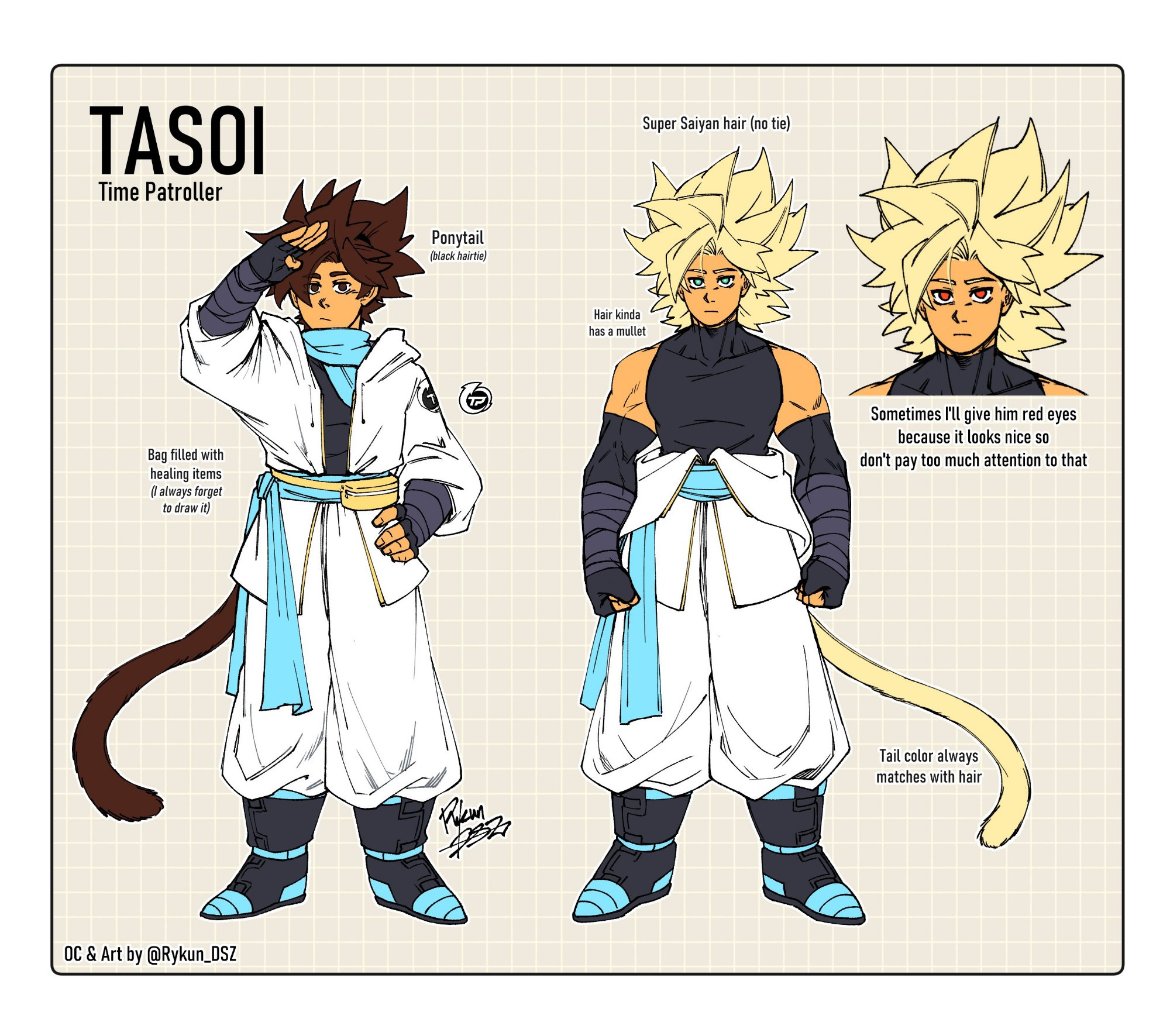 Character design sheet of my OC, Tasoi, including his base form and super saiyan form plus a close up on his face.