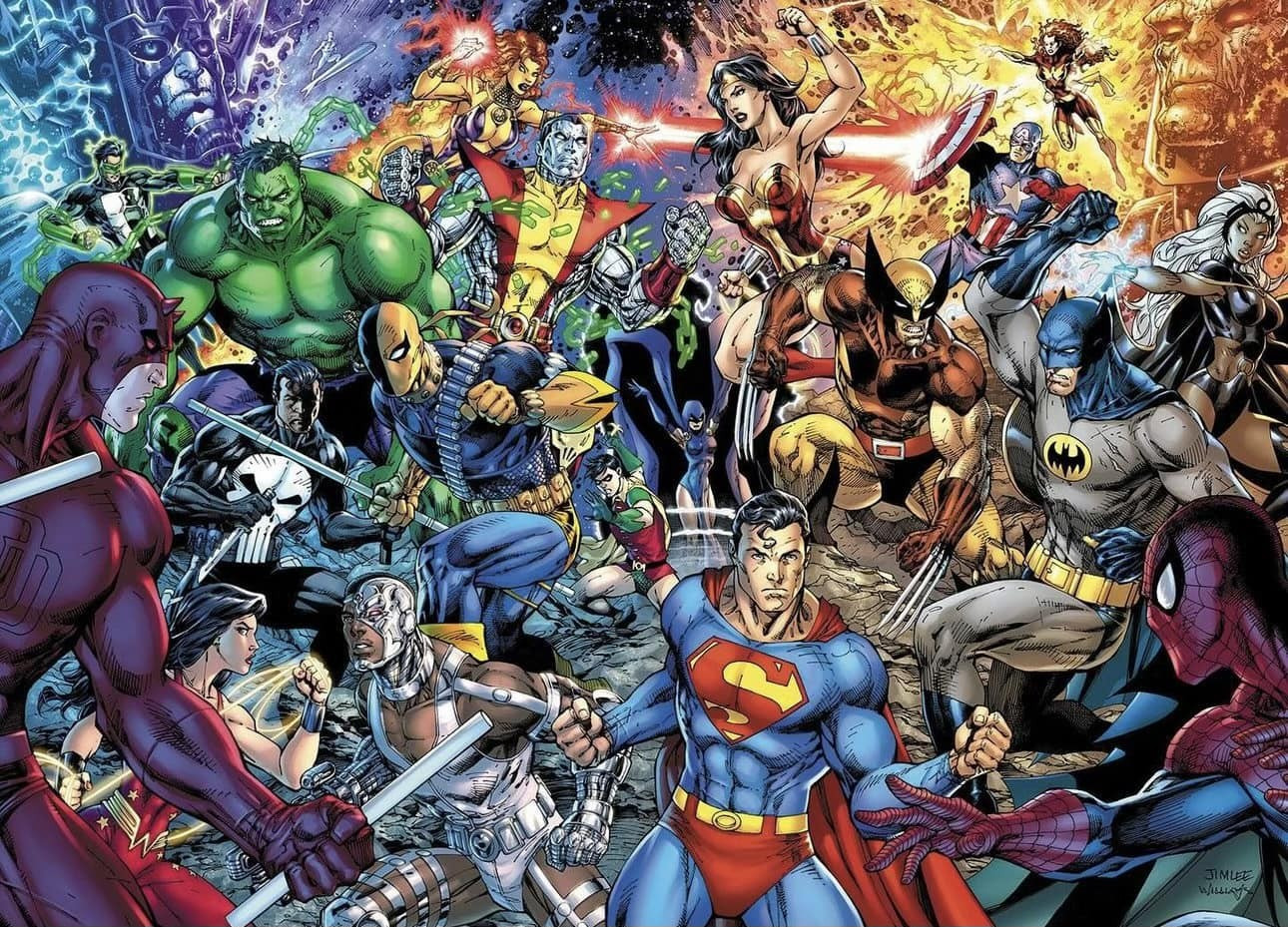 New cover art for the Marvel vs. DC Omnibus, featuring Superman downstage-center and a slew of heroes from both universes duking it out all around him.