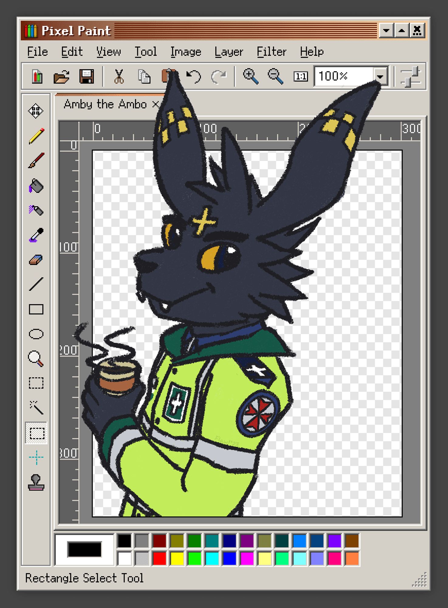 Digital drawing of Amby having a coffee but also escaping out of Pixel Paint for SerenityOS