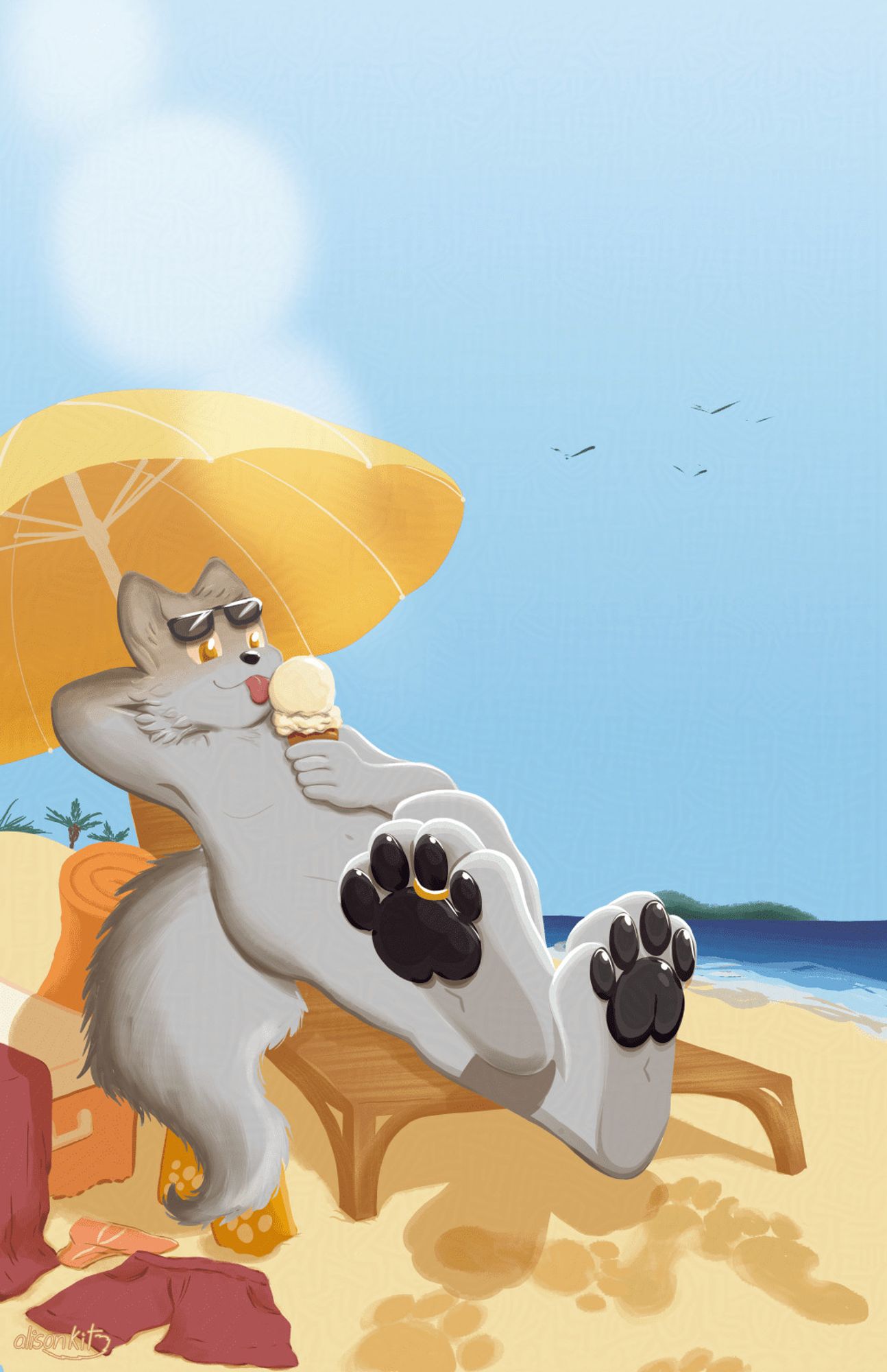 Digital art of Flaw the Arctic Wolf, clad in sunglasses and a golden toe ring on his right footpaw on the 3rd toebean. Flaw reclines on a beach chair in the peak of a hot summer's day. Flaw licks at a cone of vanilla ice cream. His sunglasses are tilted up, showing his golden eyes.  A shirt, shorts and undies are strewn on the ground nearby, with the shirt draped atop an esky. A couple of canned drinks are under Flaw's tail, and a rolled up towel is perched vertically next to the chair. A beach umbrella protects most of Flaw from the sun, but some of the light bounces off his knees and feetpaws, which are grey but have charcoal coloured paw pads.  The ocean can be seen with water lapping on the right, with Palm trees off in sand dunes to the left. In the distance of the ocean, an island in green can be seen. Some birds can be seen flying in the distance.