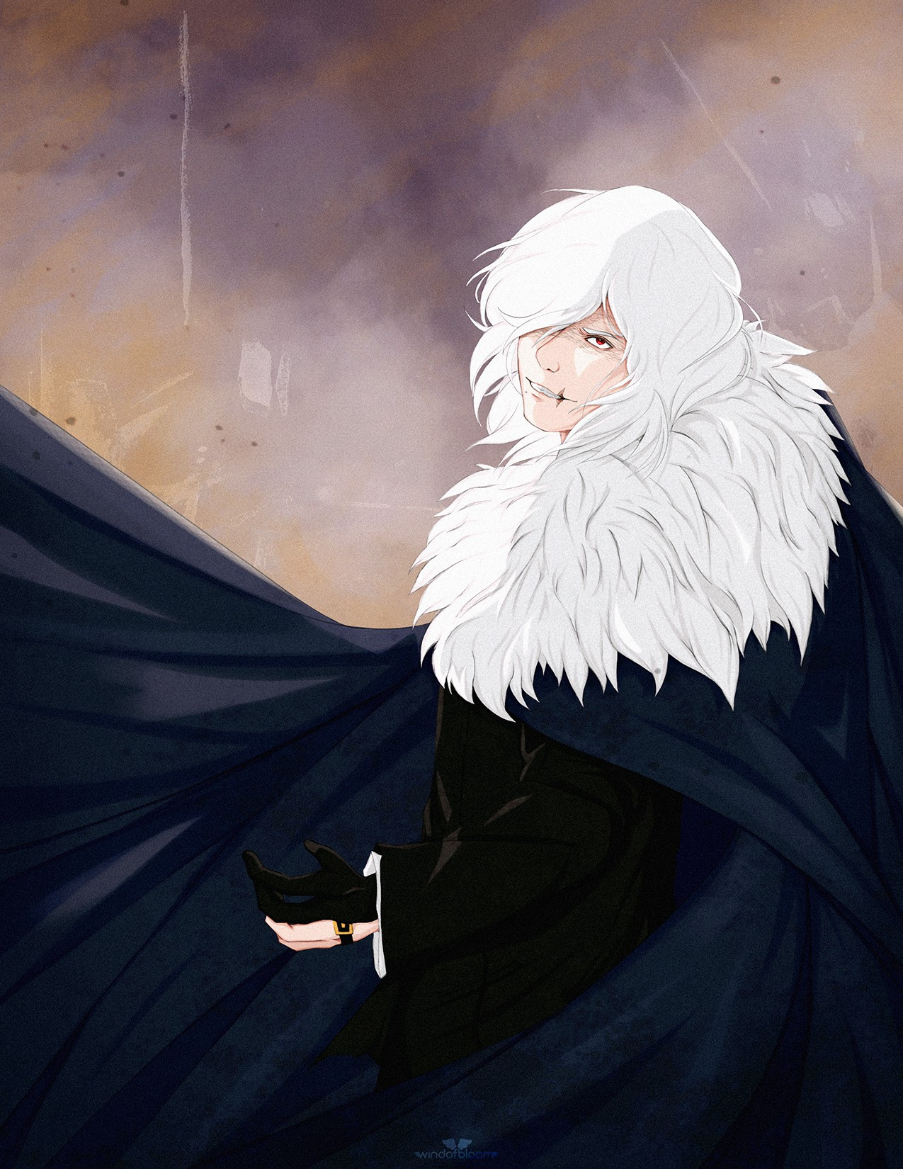 Digital drawing of a white haired young man wearing a long cape with some white fur over it standing threatening