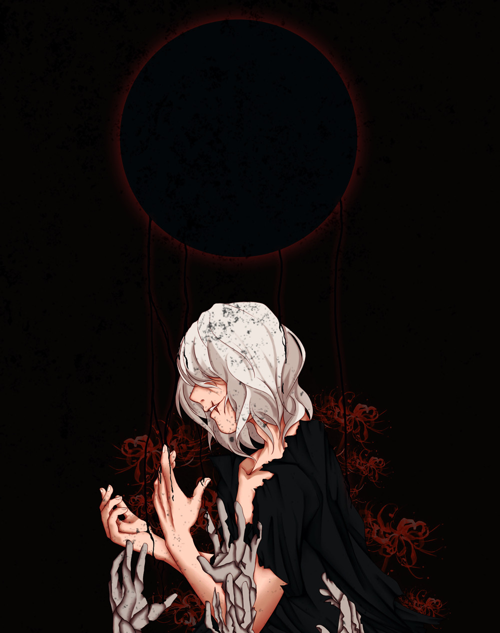 Digital art of a young white haired man in a black space decorated with red Japanese flowers. Dusk half destroying hands are emerging from above trying to reach him