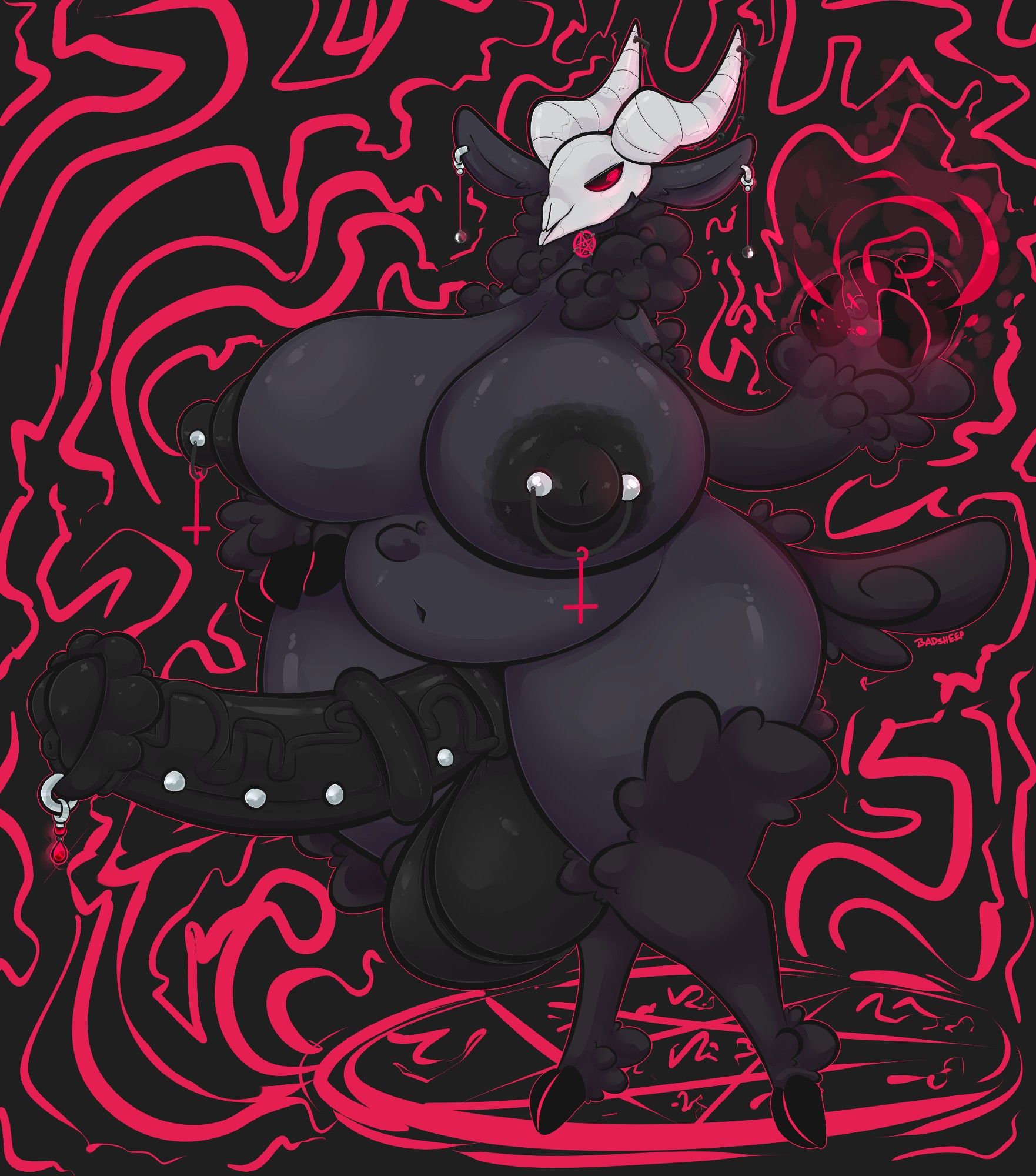 A demonic looking sheep, with black wool and huge breasts, adorned with knocker piercings, a sheep skull head, and a pierced horsecock, surrounded with red, devilish energy